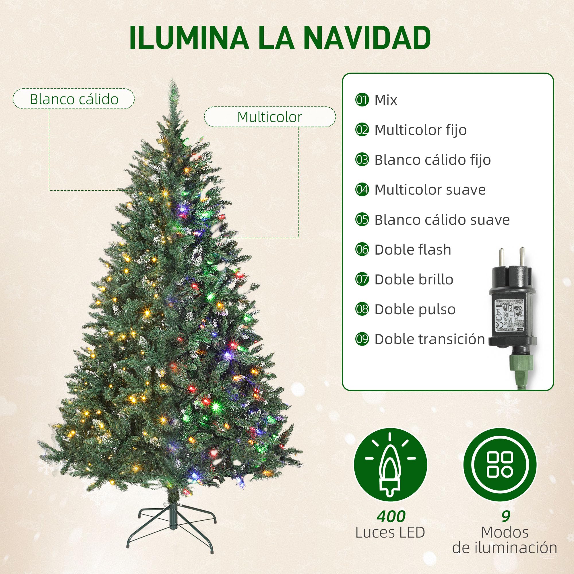 HOMCOM Árbol de Navidad 210 cm con Luces LED 9 Modos de Iluminación Verde | Árbol Navideño de Abeto, 1160 Ramas con Nieve Artificial, Soporte Metálico, Fácil de Montar