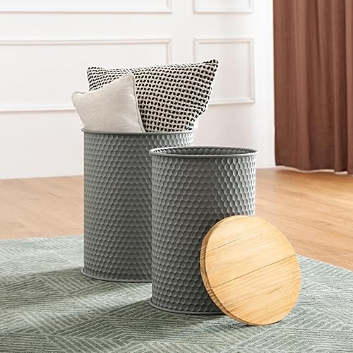 Miniatura 4 de glitzhome Taburete otomano de almacenamiento rústico, mesa anidable de granja, mesa auxiliar de metal galvanizado, caja de juguetes con tapa redonda