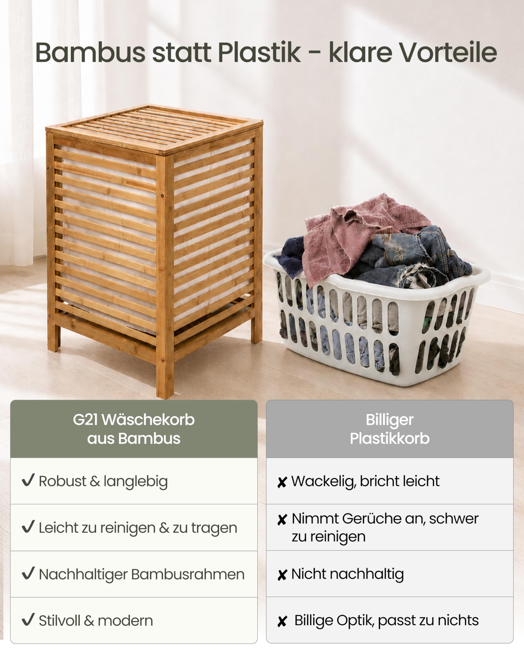 G21 Bambus Wäschekorb mit Deckel 80L 2 Fächer, Stabiler Wäschesammler mit Henkel, Großer Wäschekorb mit herausnehmbarem maschinenwaschbarem Wäschesack - laundry basket
