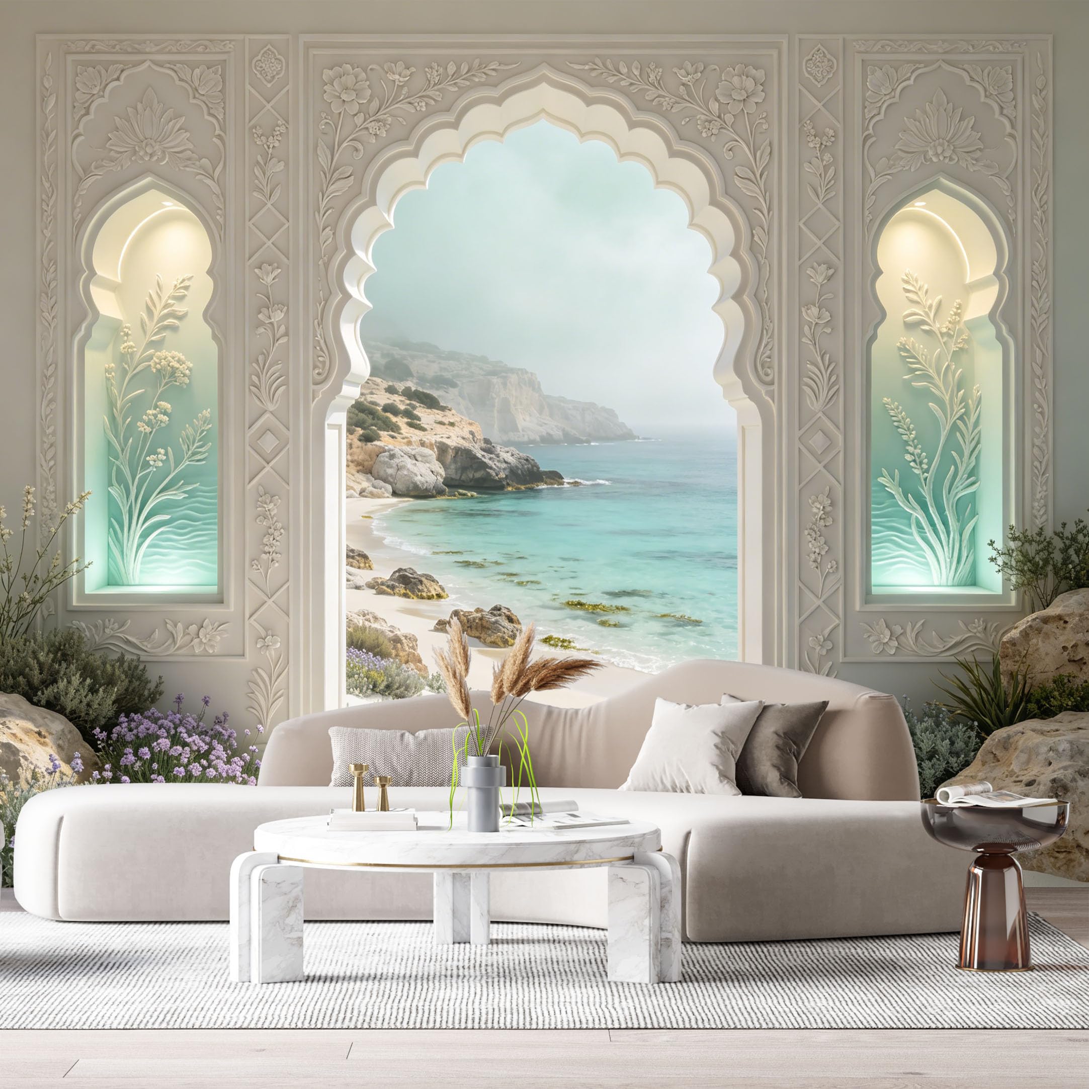 Custom Size Wall Murals Coastal Landscape Botanical 3D Trompe L'Oeil SelfAdhesiveWall Fabric Removable Wallpaper Wall Decor for Living Room Bedroom Bathroom