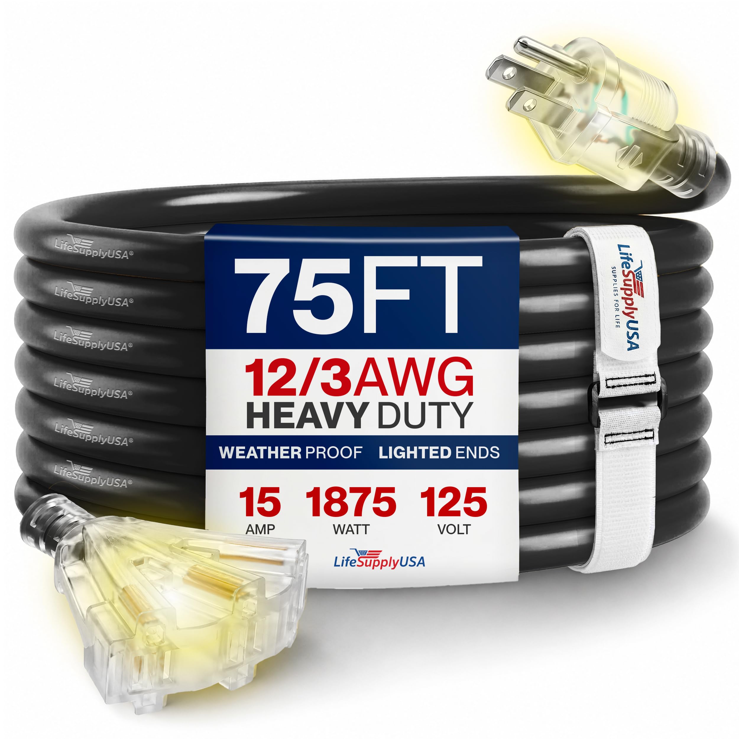 LifeSupplyUSA 75ft Extension Cord