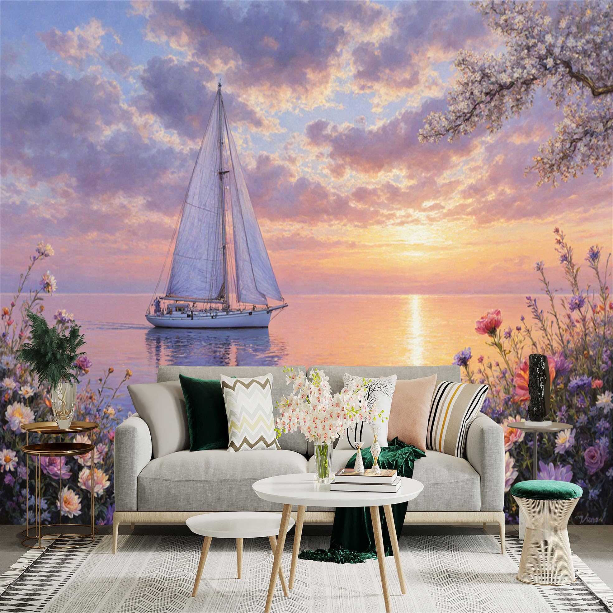 Custom Size Wall Sticker Mural， Sailboat on Calm Ocean， Golden Sunset Sky， Blooming Spring Flowers， Romantic Seascape View， for wall Decoration， peelandstick wall Decals.