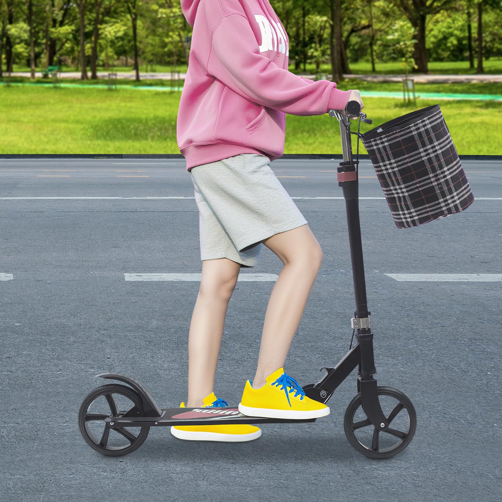 Składany skuter, dwukołowy City Work Mobility hulajnoga ze składaną kierownicą, dwukołowa hulajnoga miejska, składana hulajnoga w stylu T, koła 200 mm, hamulec ręczny, regulowana 91-106 cm