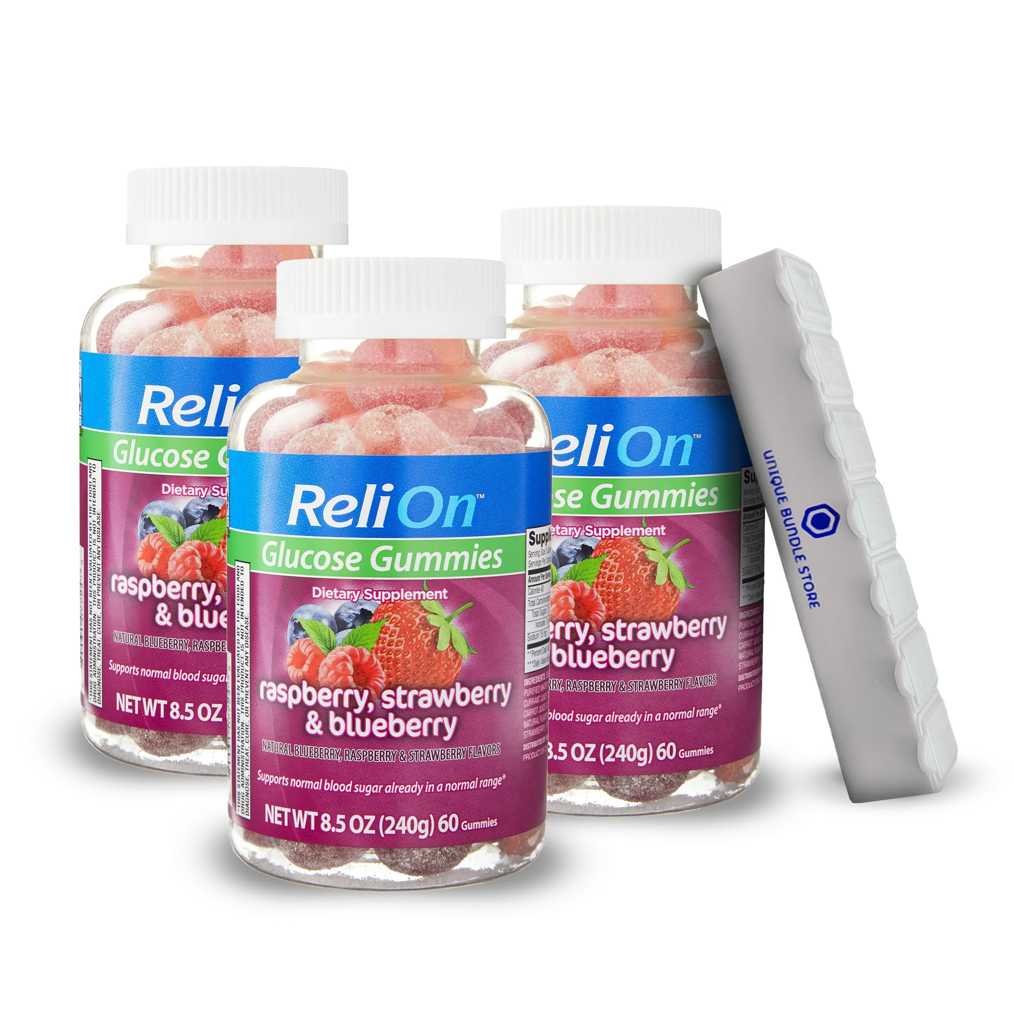 Unique Bundle Store ReliOn Glucose Gummies, Dietary Supplement, 60 Count + 7 Day Pill Organizer Included (Pack of 3)