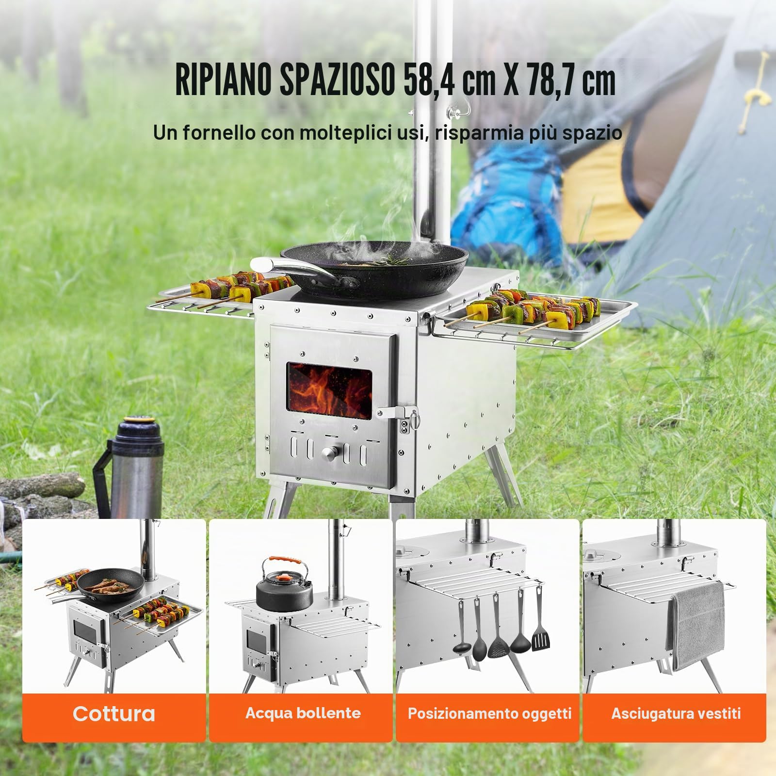 VEVOR Stufa a Legna, 86 pollici, Stufa per Tenda da Campeggio in Acciaio Inossidabile, Stufa a Legna Portatile con Canna Fumaria e Guanti, Stufa a Tenda Calda con Focolare da 3000 pollici³