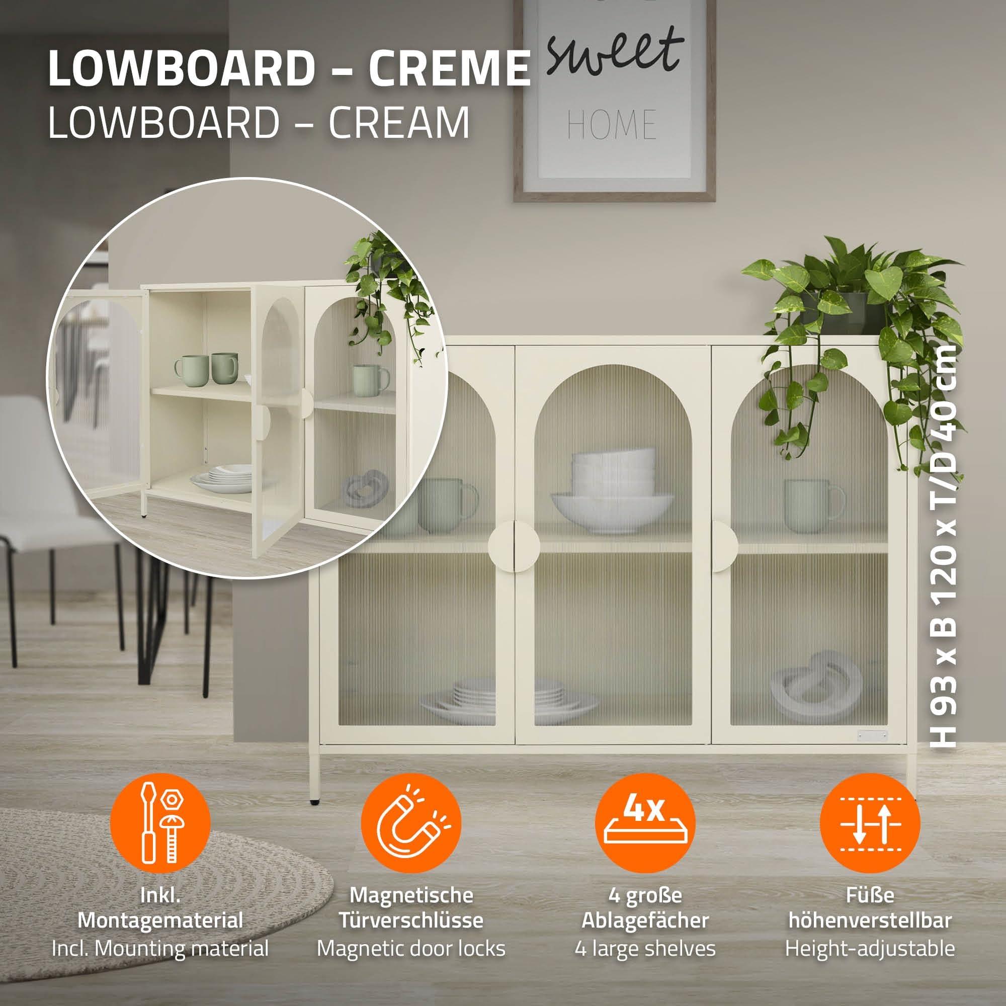 ML-Design Vitrinenschrank 120x93x40 cm aus Stahl, Creme, Sideboard mit 4 Ablage-/Regalfächer & 3 Türen, Metall Kommode mit verstellbaren Füßen, Vitrine, Highboard, Aufbewahrungsschrank für Wohnzimmer