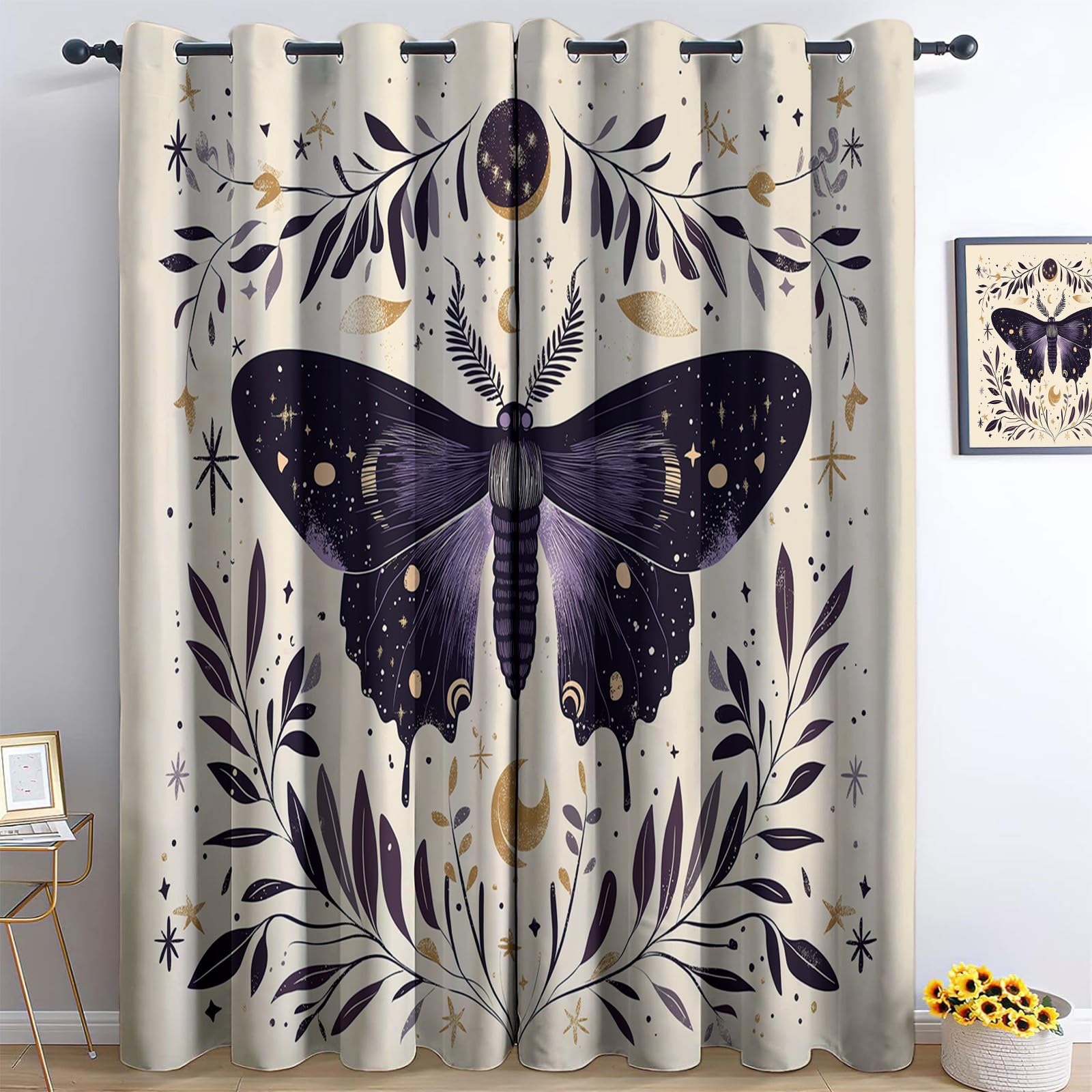 Curtains Mysterious Moth Starry Sky Polyester Soft Curtains Top Eyelets Treatments Blackout Window Beige Purple For Living Room Bedroom W 46" x L 72" (2 Panels)