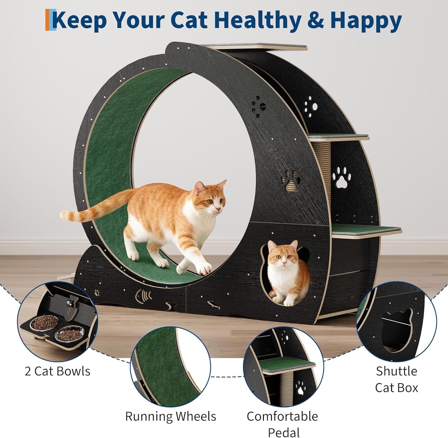 Large 55" Cat Wheels for Indoor Cats, Cat Treadmill Exercise Wheel with Built-in Bowls, Scratching Post & 3-Tier Jumping Tower for Walking and Training, Black
