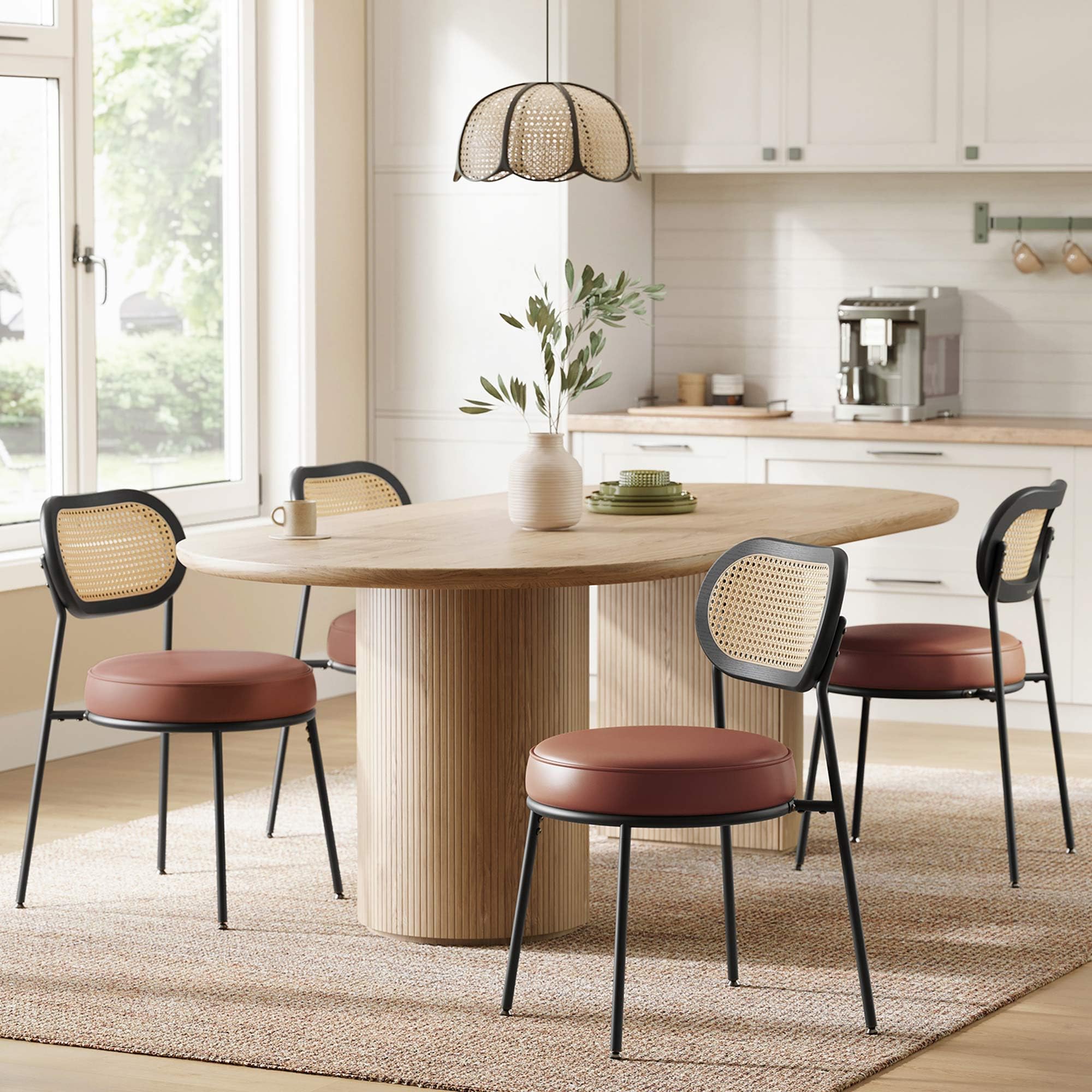 VASAGLE Dining Chairs, Set of 4 Accent Chair for Dining Room Kitchen, with Boho PE Rattan Back, Synthetic Leather Upholstery, Coffee Brown ULDC160K24