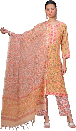 LONIX Womens Cotton Floral Kurta Pant Dupatta Set Straight Fit Indian Suit for Daily Wear, Parties & Festivals