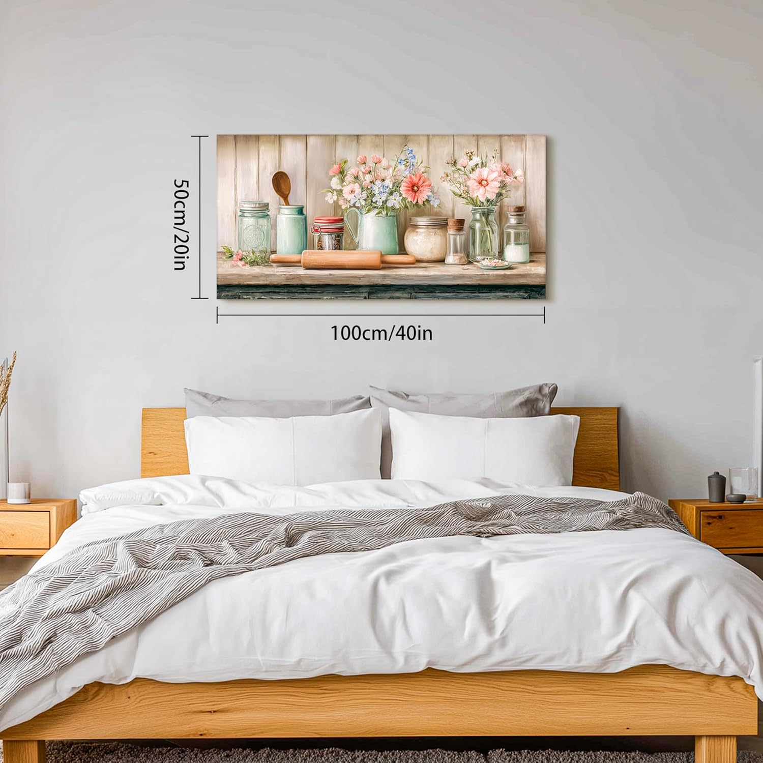 SLYCAY Large Vintage Kitchen Wall Art Prints, Rustic Farmhouse Floral Wall Decor Country Kitchenware Jars Flowers Canvas Pictures Still Life Landscape Painting Restaurant Dining Room 20"X40"