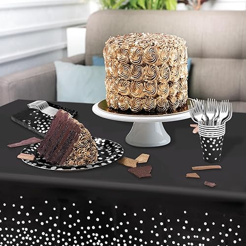 Miniatura 4 de Sirve para 25 invitados, platos de papel negro y plateado, servilletas para fiestas, platos de papel negro de 9 pulgadas, servilletas y manteles