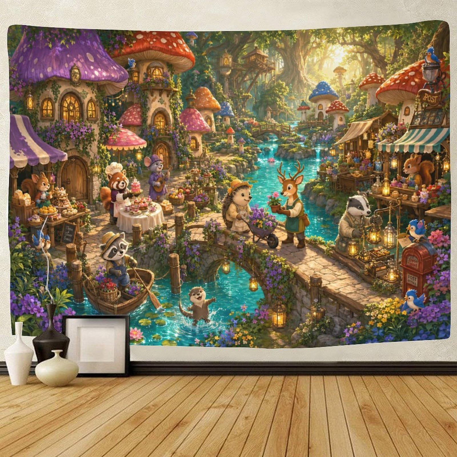 ASDFGHJKLZA Mushroom Village Animals Wall Tapestry Wall Hanging Decor 3D Print Tapestries Poster Home Decoration Bedroom College Dorm 100cmx150cm