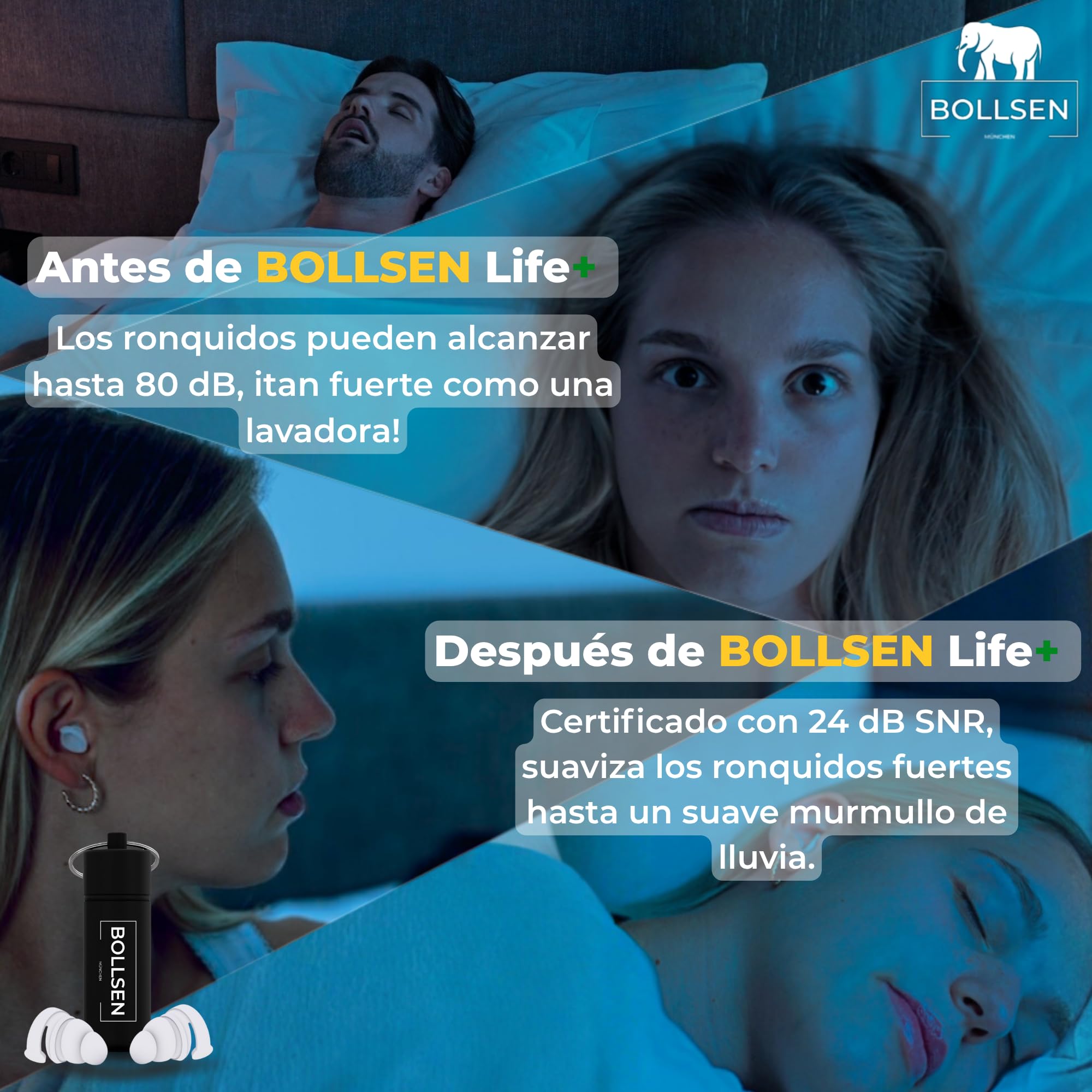 BOLLSEN Life+ Tapones para Dormir – Tapones de Silicona con Reducción de Ruido – Protección Auditiva SNR 24 dB – Cómodos para Usar Día y Noche – Duraderos y Reutilizables hasta 100 Veces (3)