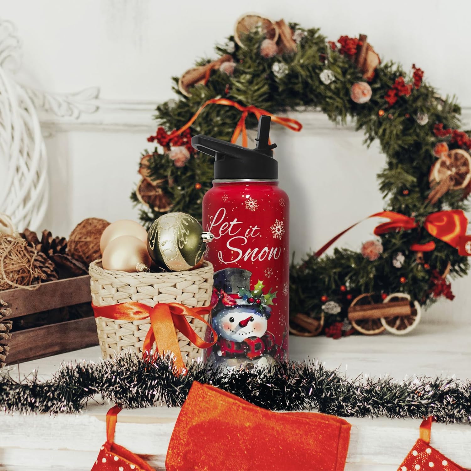 Insulated Christmas Water Bottle 32 oz, Snowman Water Bottle with Straw, Reusable Leakproof Tumbler Stainless Steel, Christmas Gifts for Women - Image 2