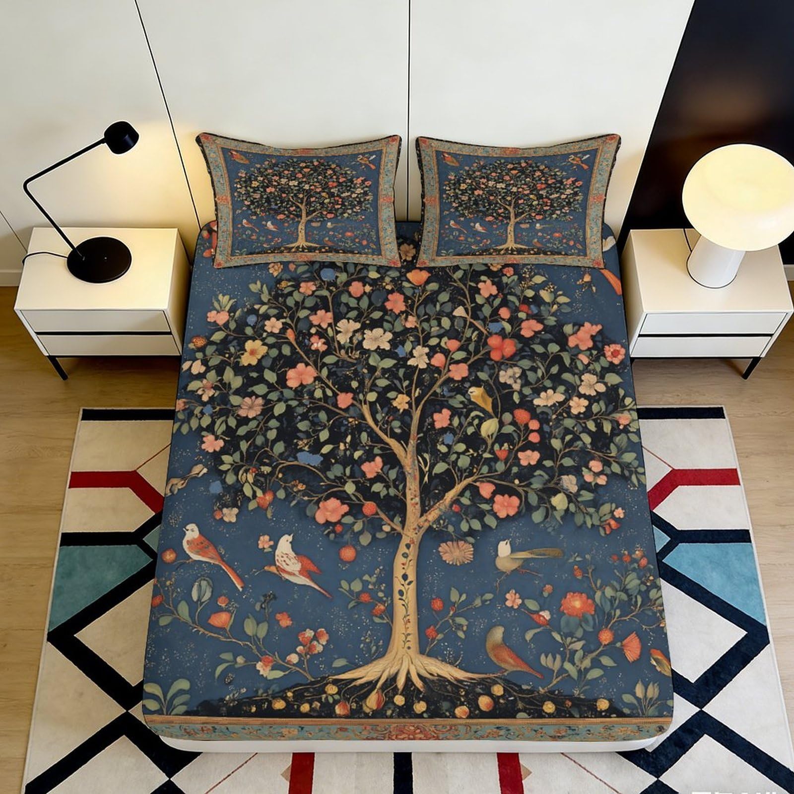 3D Printed Vintage Tree of Life Fitted Sheet Microfiber Floral Bird Mattress Cover for Bedroom Guestroom Decor 116 180x200x25cm