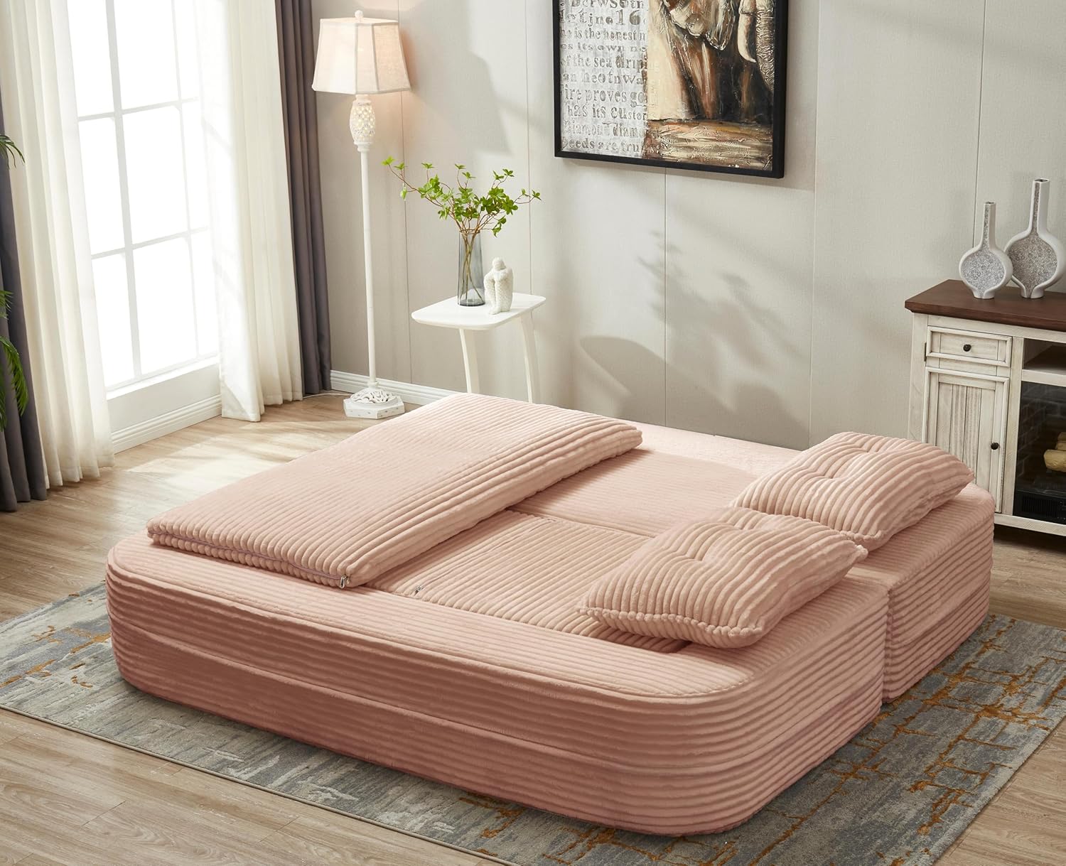 80"W Corduroy Convertible Foldable Sofa Bed, Folding Floor Foam Compression Loveseat with Functional Blanket & Chaise, Sleeper Couch with Pillows for Living Room, No Assembly Required (Pink)