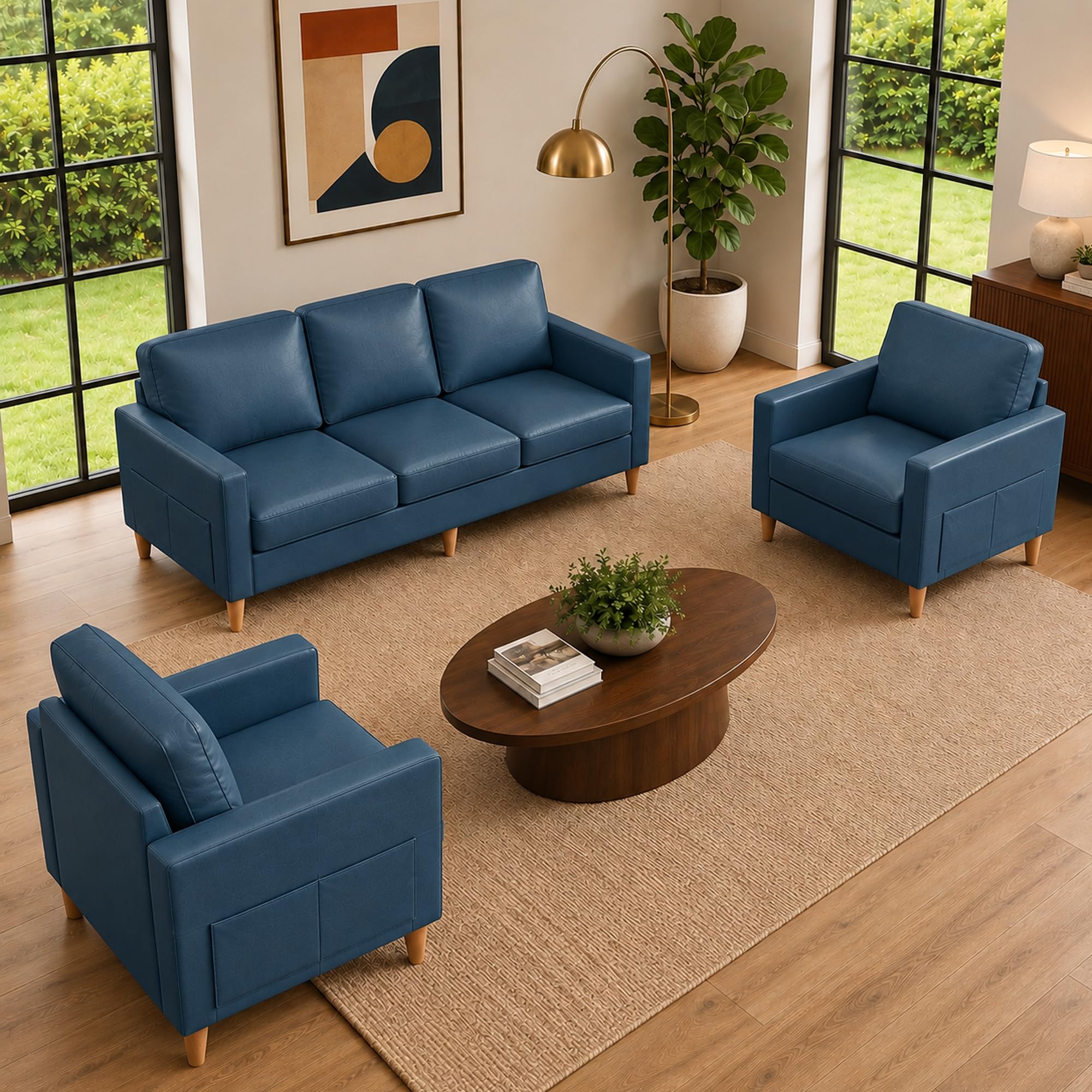 Couch Set for Living Room, 3 Seater Faux Leather Sofa and Chair Set of 2