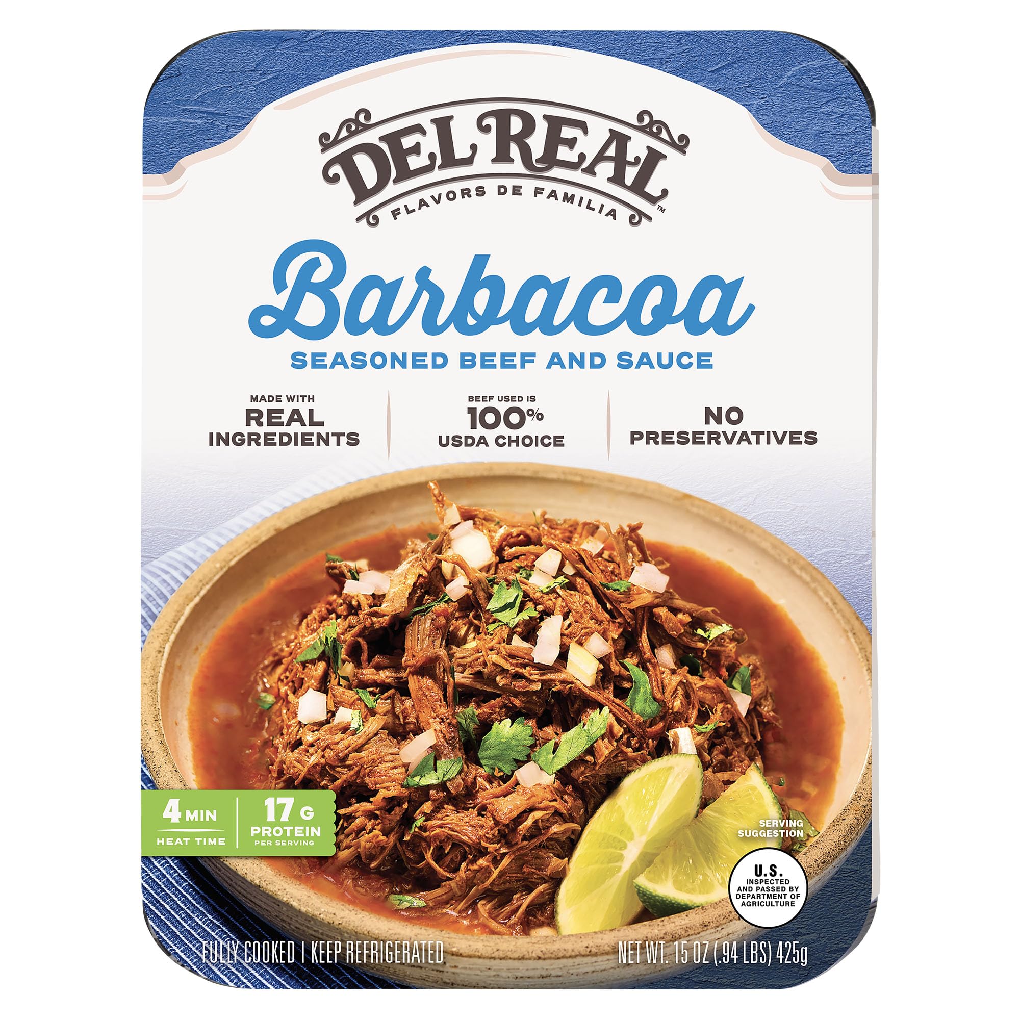 Del Real Foods Beef Barbacoa – Authentic Mexican-Style Beef Pot Roast, Ready in Minutes, Meal Prep Pack, No Preservatives, Gluten Free, Perfect for Tacos, Burritos, or Enchiladas – 15oz