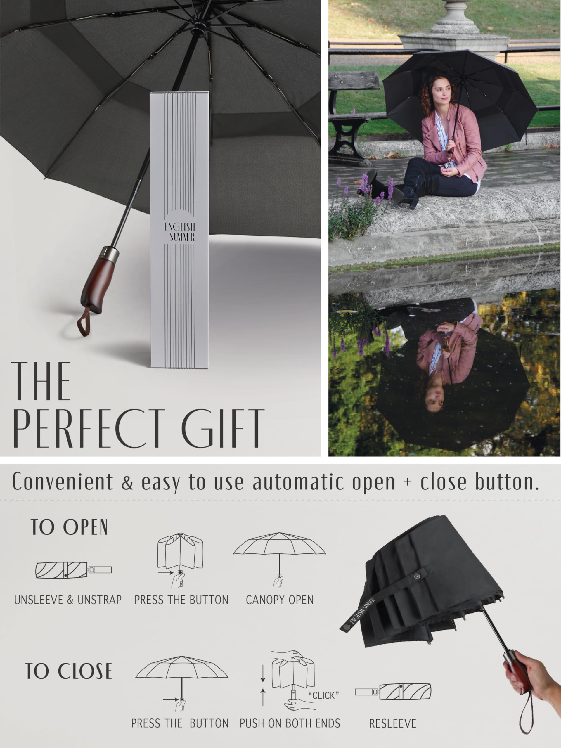 ENGLISH SUMMER Ombrello antivento di lusso per la pioggia: forte, automatico, a doppia ventilazione, pieghevole portatile, tettoia extra large, qualità con manico in vero legno