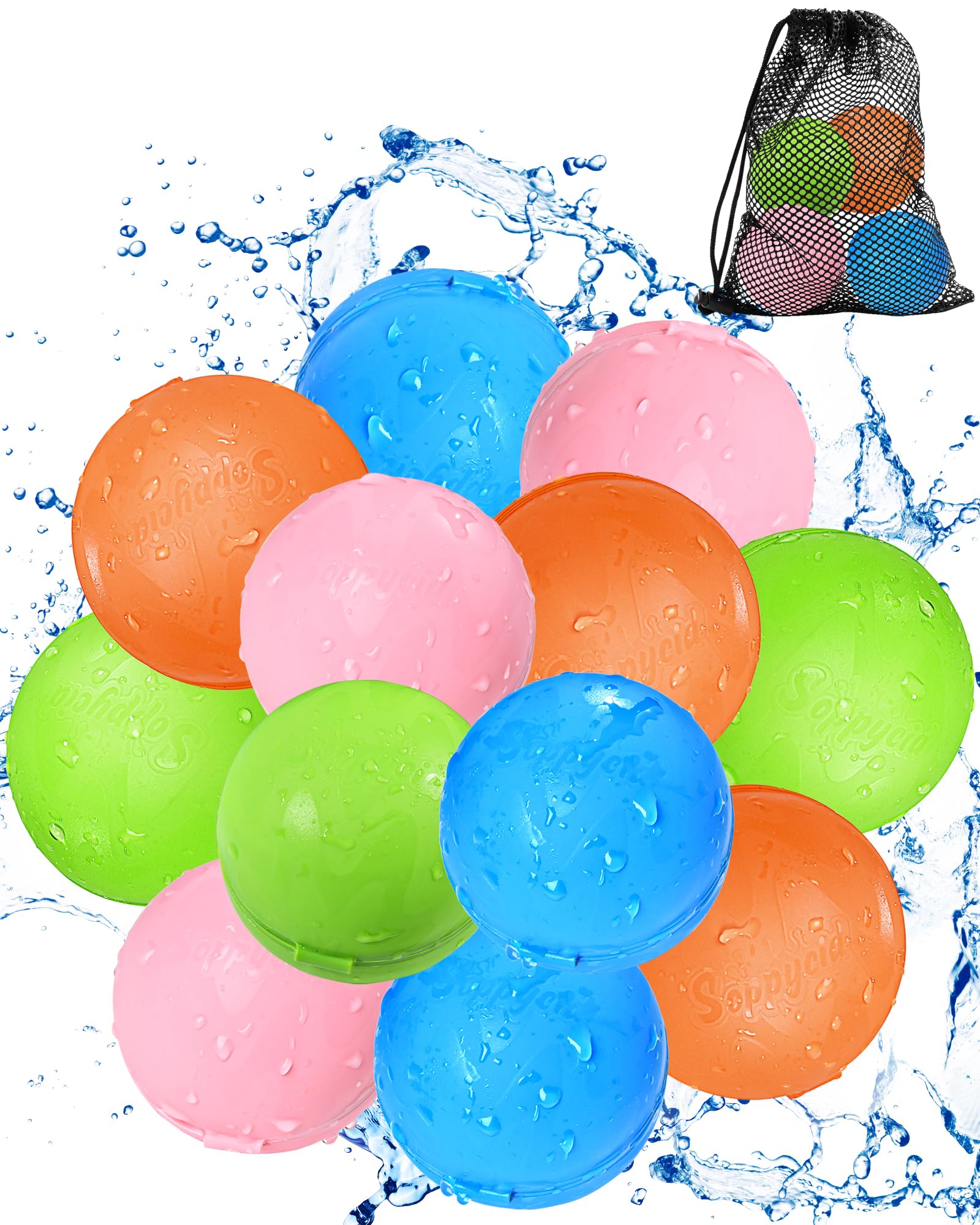 SOPPYCID Multicolored Reusable Water Bomb Balloons,Pool Outdoors Summer Party Grasslands Toys Gifts,Automatic Water Filling Balloons for 3+ Years Old Boys Girls Adults (12PCS)