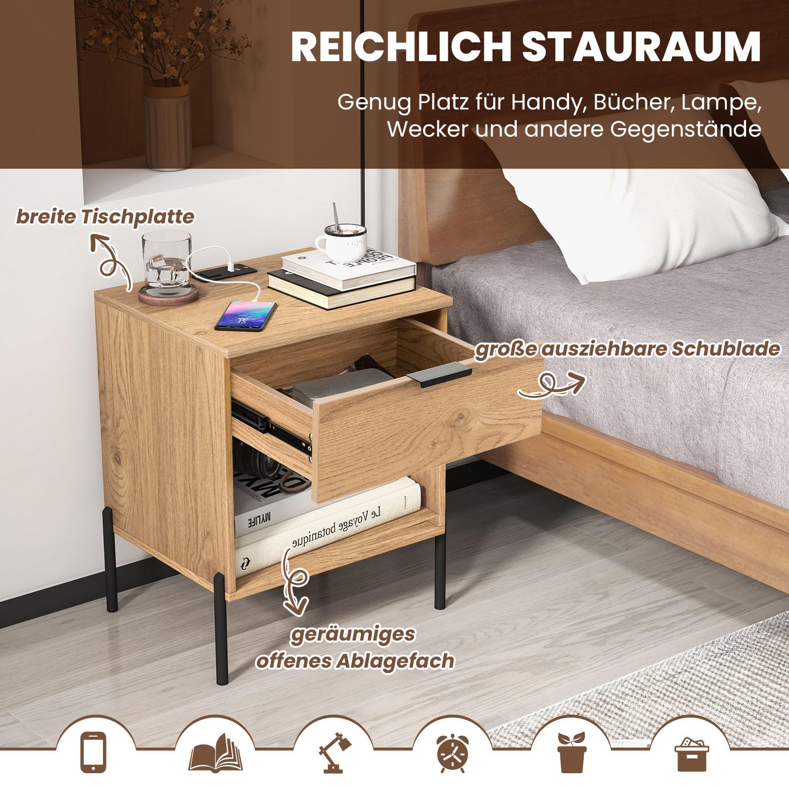 RELAX4LIFE Nachttisch Mit Ladestation – 2 Steckdosen, USB & USB-C | Schublade & Offenes Fach, Naturholz, 45x40x58 Cm