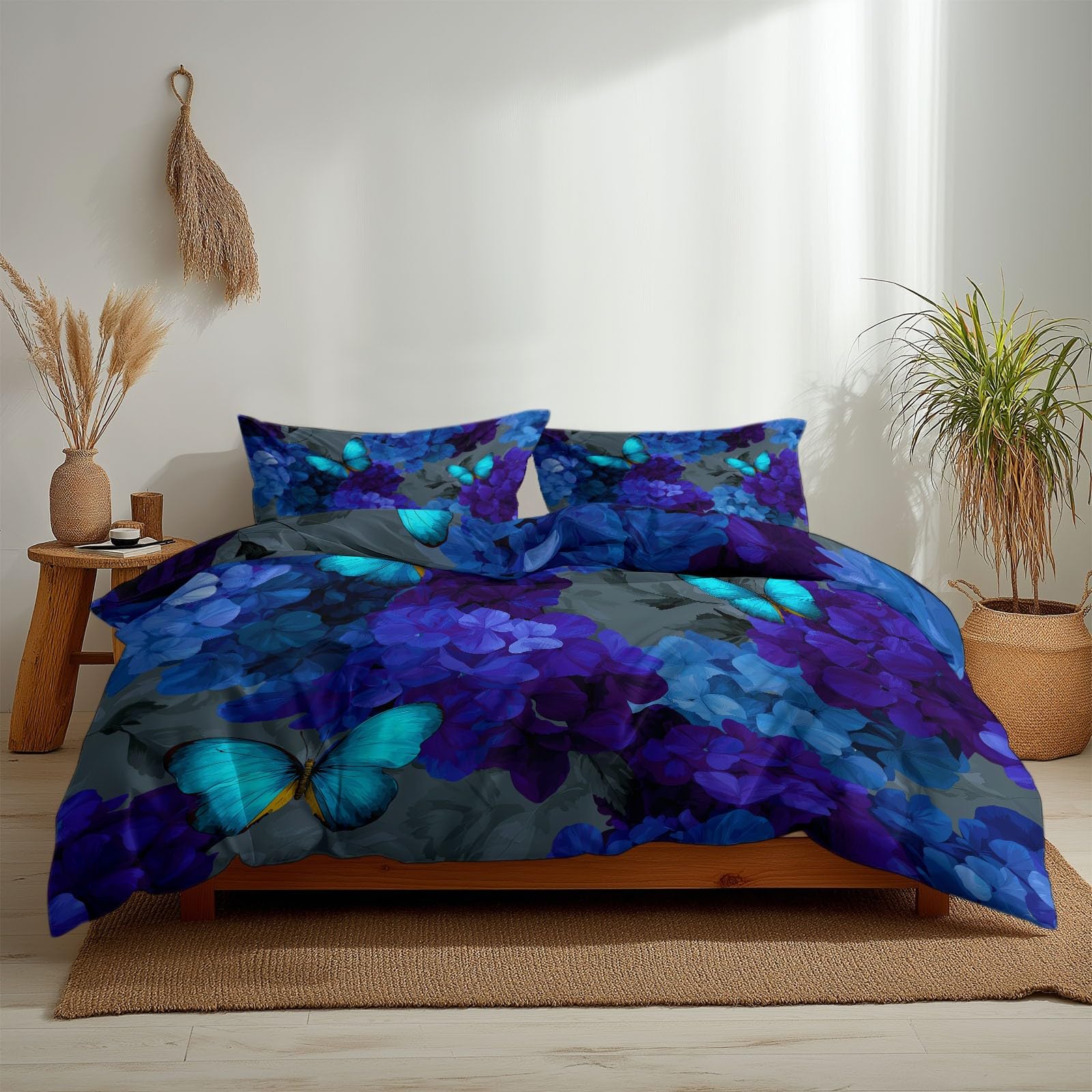 Generico Sztuka cyfrowa Hortensja Butterfly 3-częściowy zestaw poszewek na kołdrę 200 x 200 cm, ciemnoszary nadruk poszwa na kołdrę z zamkiem błyskawicznym i poszewkami na poduszki, poszewka na kołdrę
