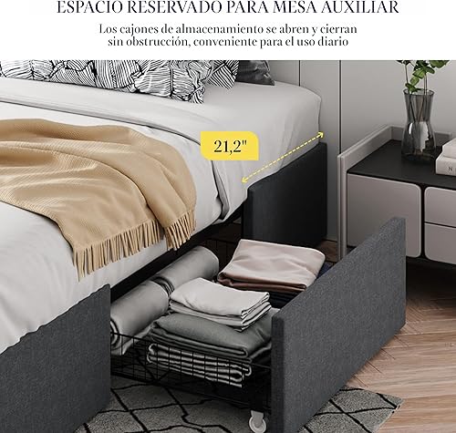 Miniatura 3 de Allewie Base de cama de plataforma de tamaño matrimonial con 3 cajones de almacenamiento, tapizada de tela, soporte de listones de madera, no Cuero