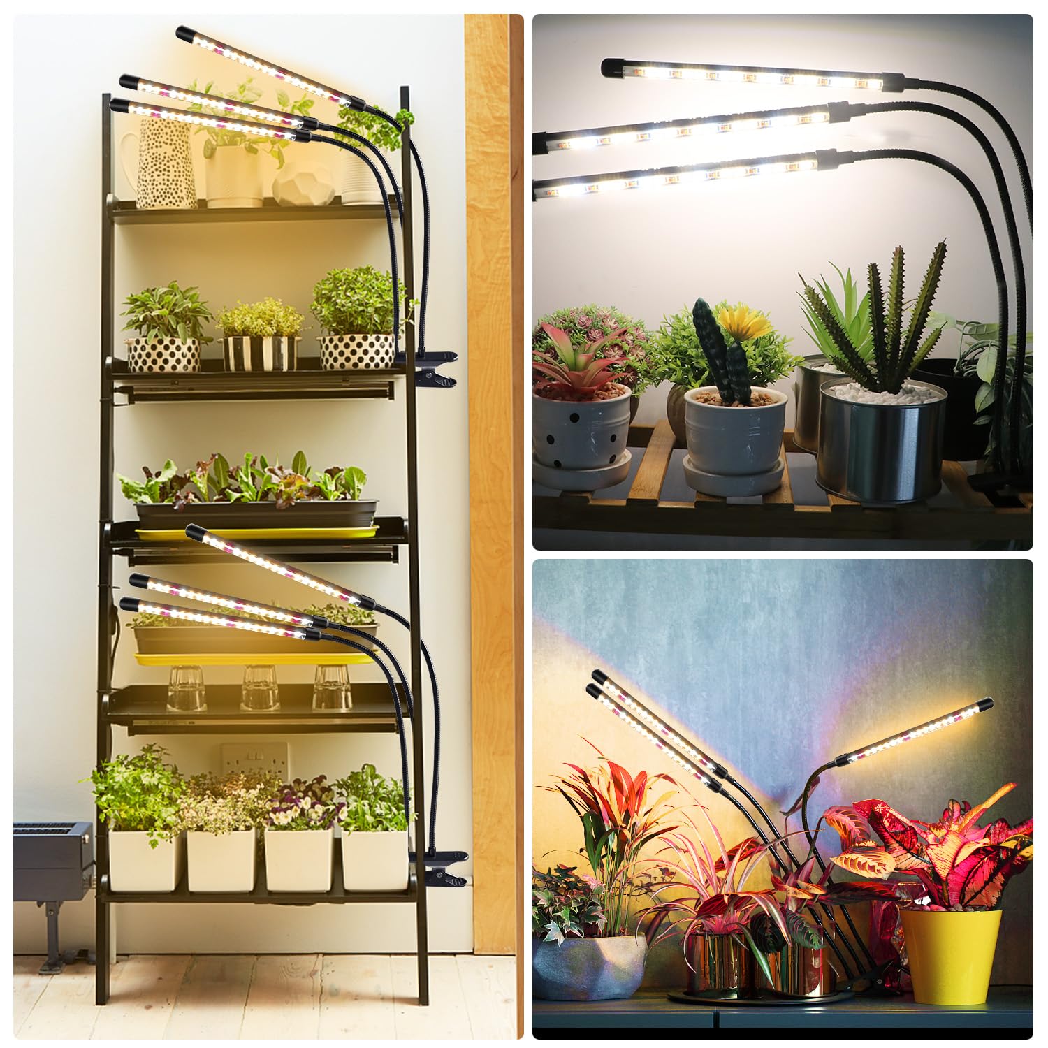 3 teste di luce per piante, Lampada per Piante LEDs, Lampada Piante Coltivazione, Luce di crescita a spettro completo, Lampada di Crescita con Timer Auto on/off 3/9/12H per Frutta Verdure Fiore