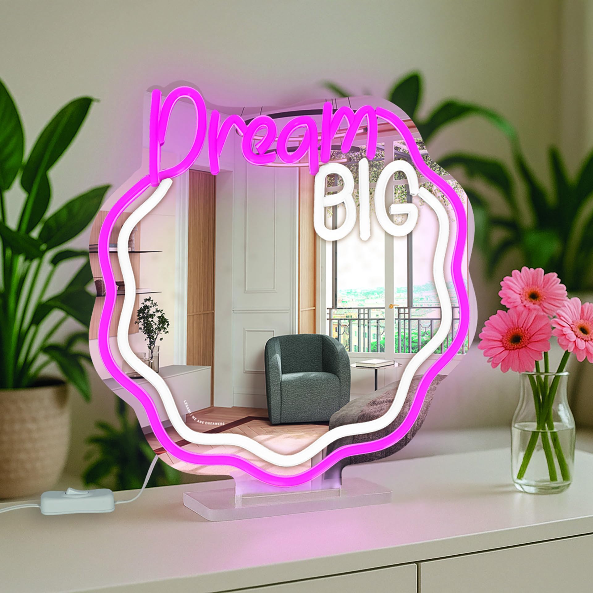 LEGAMI - Miroir avec Lumière LED Effet Néon, It's a Sign, Alimentation par Câble Type-C (Inclus), Base Amovible et Trou de Fixation pour Le Suspendre