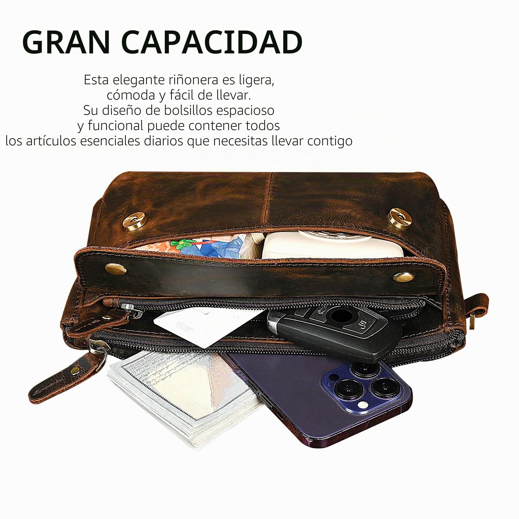 Lona+Cuero Genuino, Bolsa de cinturón al Aire Libre de Senderismo Fanny Cintura Bolsa telefónica para Hombres y Mujeres FB811-29 (100% Cuero - 8136 marrón)