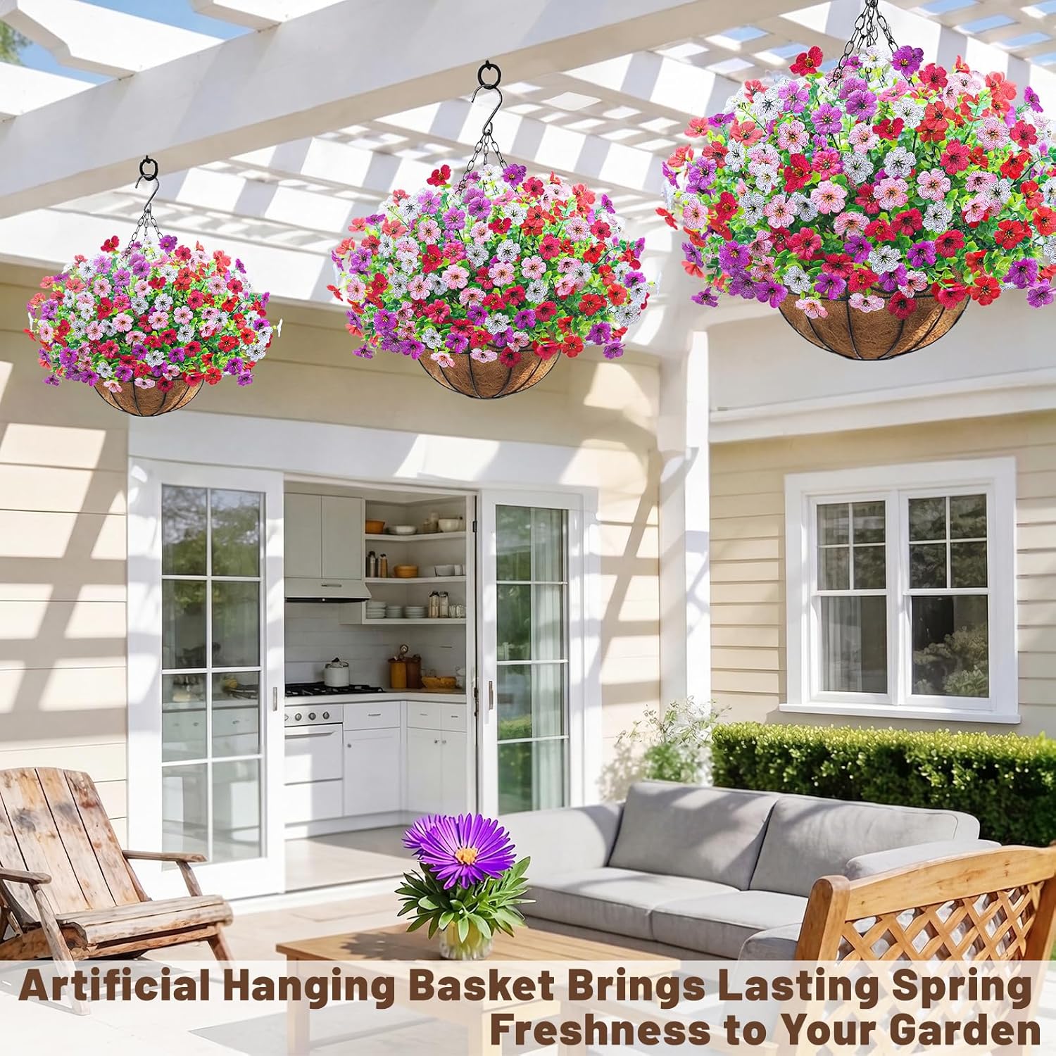 2 Pack Artfiticial Hanging Flowers Baskets for Outdoors, UV Resistant Faux Hanging Plants, 24 Pcs Fake Silk Flowers for Patio Garden Front Porch Balcony Decor (Mix 4 Colors)