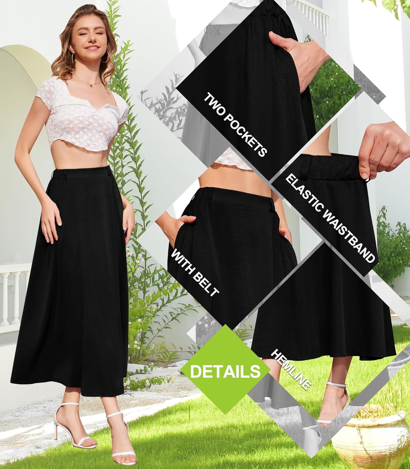 Womens Flowy Maxi Skirt Summer Elastic High Waist Long Skirts Casual A-Line Skirt with Pockets - Image 6