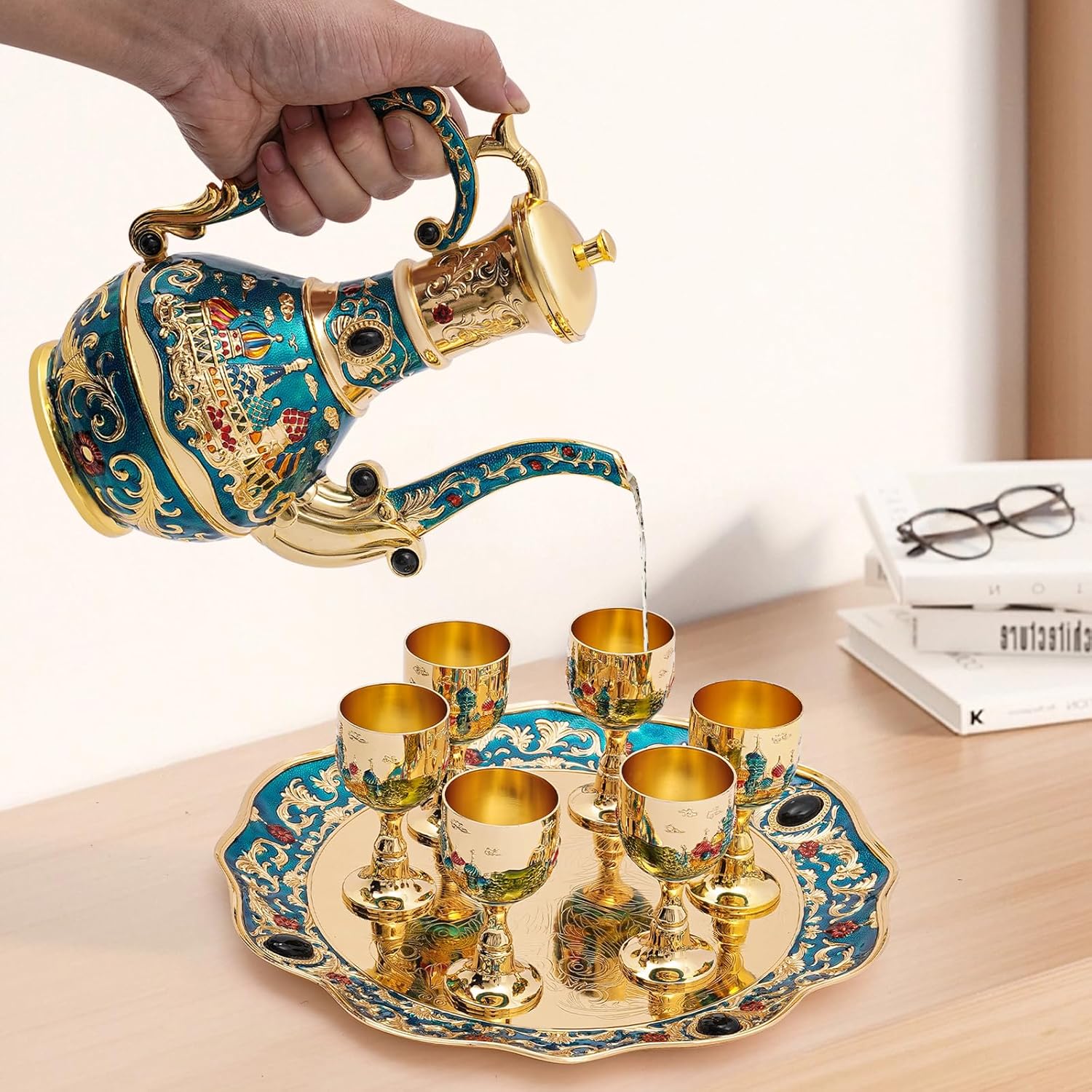 Vintage Coffee Pot Tea, Crafts Teapot and Cup Set, Tea Service Set for Tea Table Decor, Vintage Tea Set with Cups, Turkish Tea Set, for Living Room, Dining Room, Bedroom, Coffee Shop (Gold, Blue)