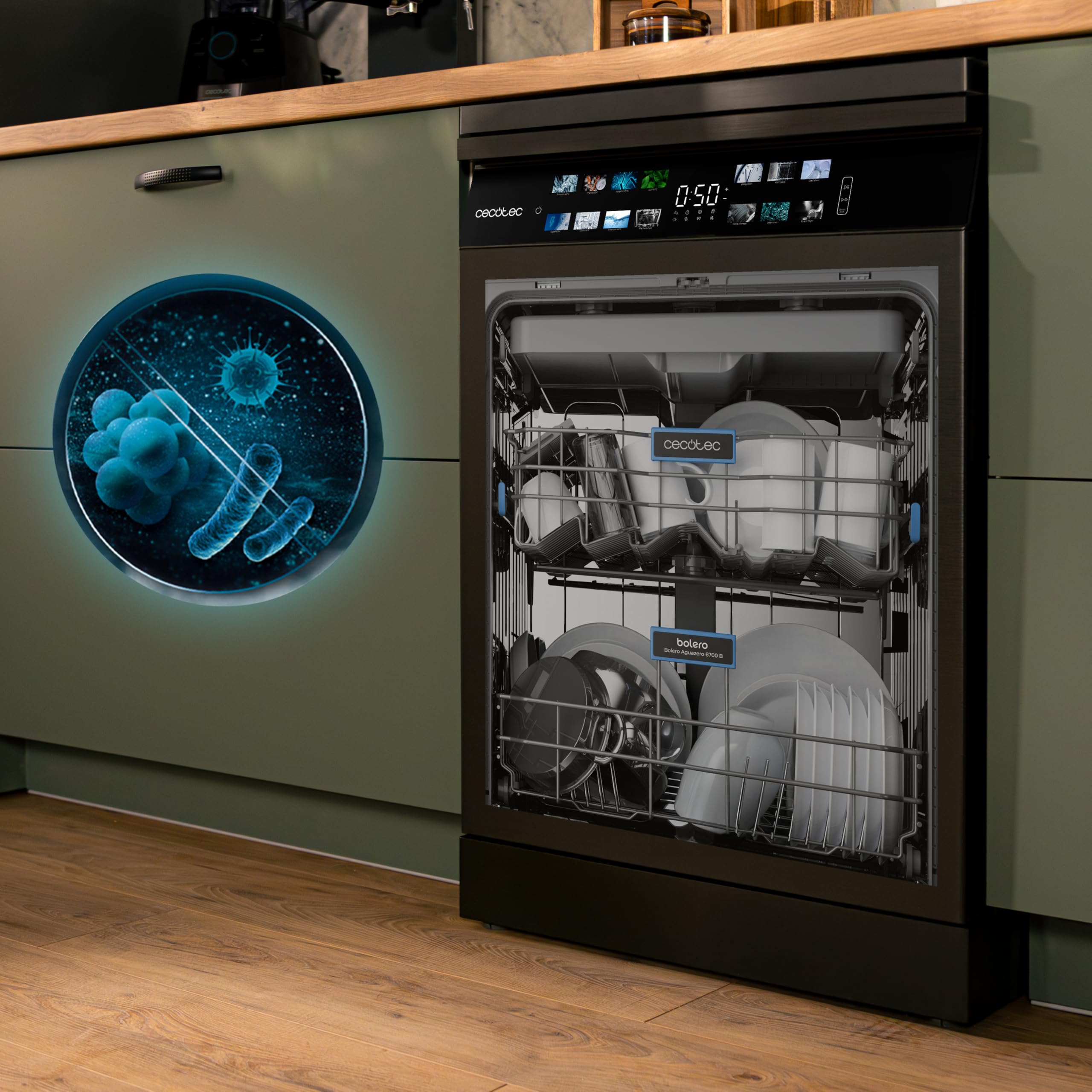 Cecotec Lave-vaisselle 60cm Bolero Aguazero 6700 Dark B, 15 couverts, Classe B, Moteur Inverter Plus