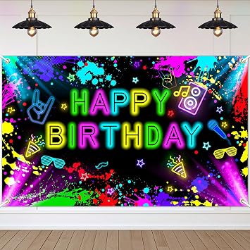 Neon Birthday Banner 6x3.6 ft Glow in The Dark Backdrop Neon Birthday Party Decorations Glow Photography Background Photo Booth Props