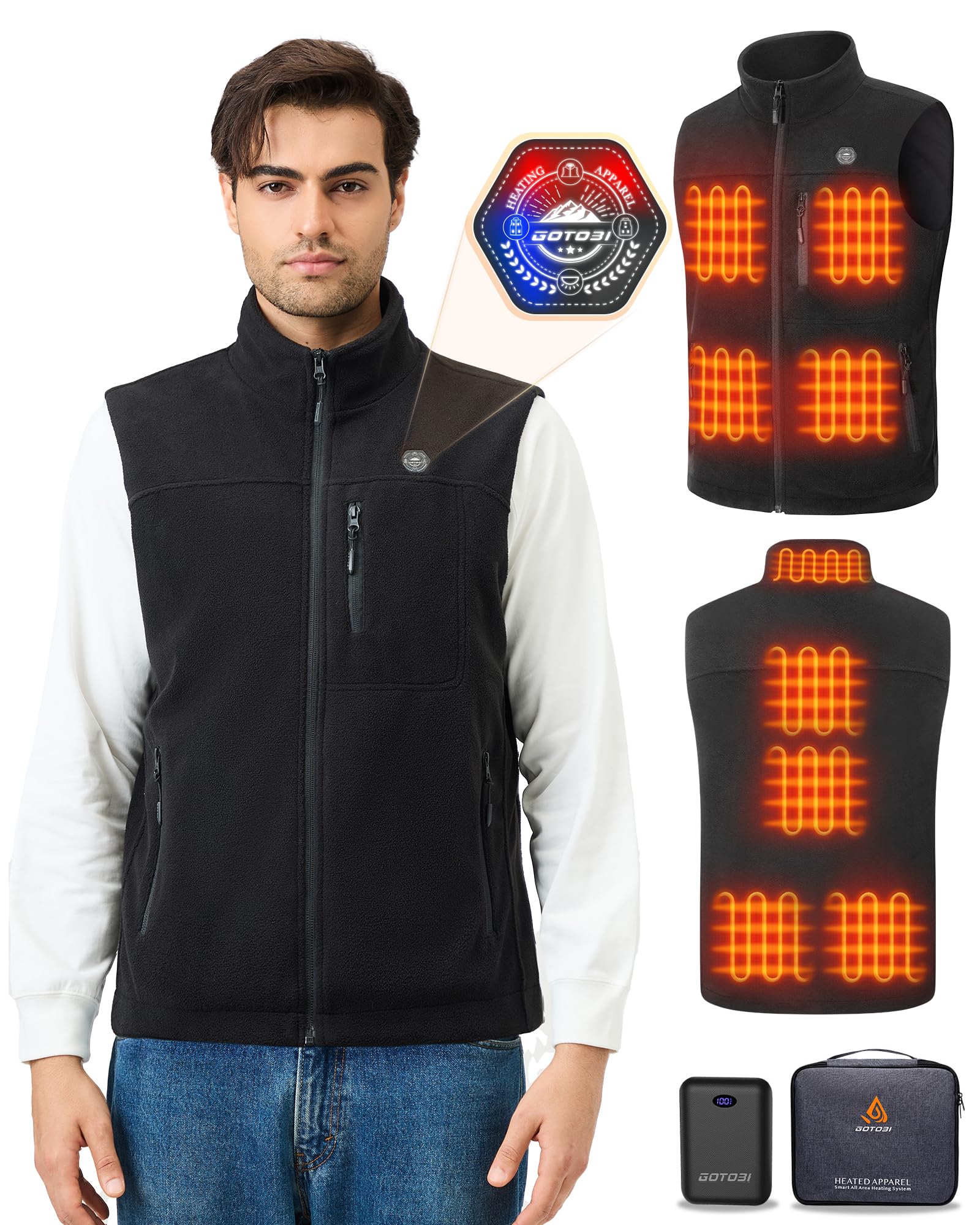 GOTOBI Pile Gilet Riscaldato Uomo Con Batteria 16000mah 7,4v- Gilet Riscaldante Con 9 Zone Di Riscaldamento E 3 Temperature Regolabili,Gilet Termico Per Uomo Per Attività Outdoor,Nero