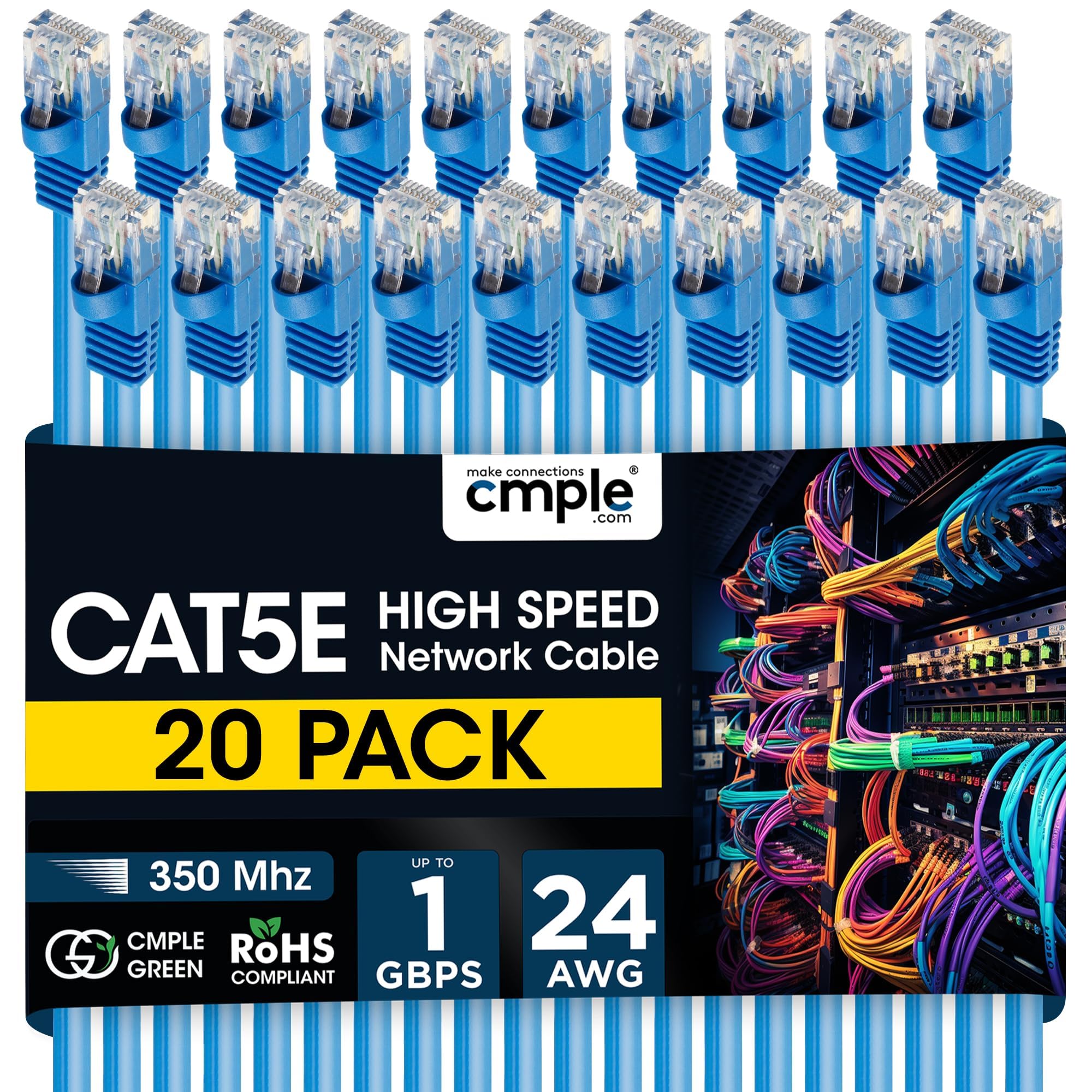 Cmple - 20 Pack Cat5e Ethernet Cable 3ft Internet Patch Cord with RJ45 Connectors 1 Gigabit Router Cables 350Mhz LAN Wire - Blue