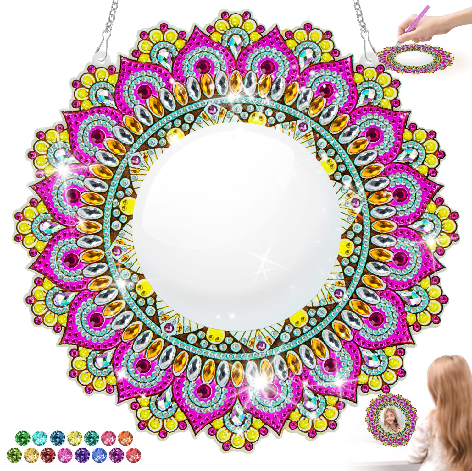 5D Mandala Diamond Painting Spiegel Bastelset – DIY Kosmetikspiegel Mit Strass, 20 Cm Durchmesser, Inkl. Zubehör
