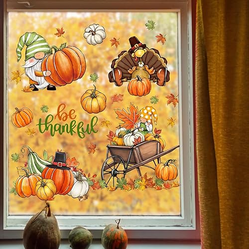 Miniatura 4 de Yovkky 128 calcomanías para ventana de Acción de Gracias, gnomo de Acción de Gracias, pavo, calabazas, hojas de arce, calcomanías para decoración de