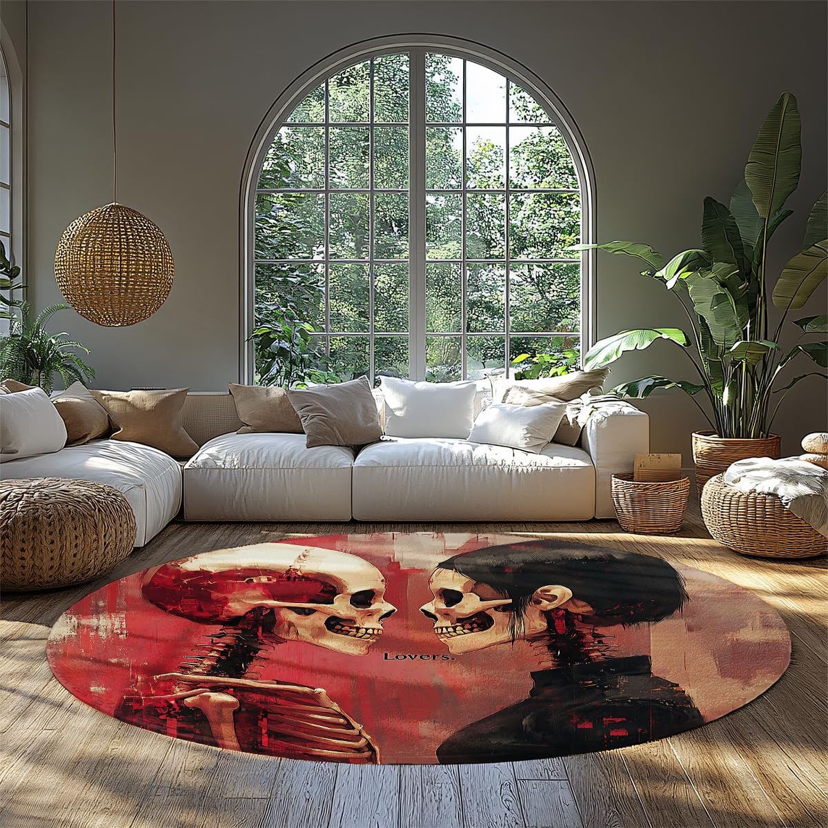 Tapis rond couple squelette doux pour réchauffer un sol de chambre froid avec style rétro