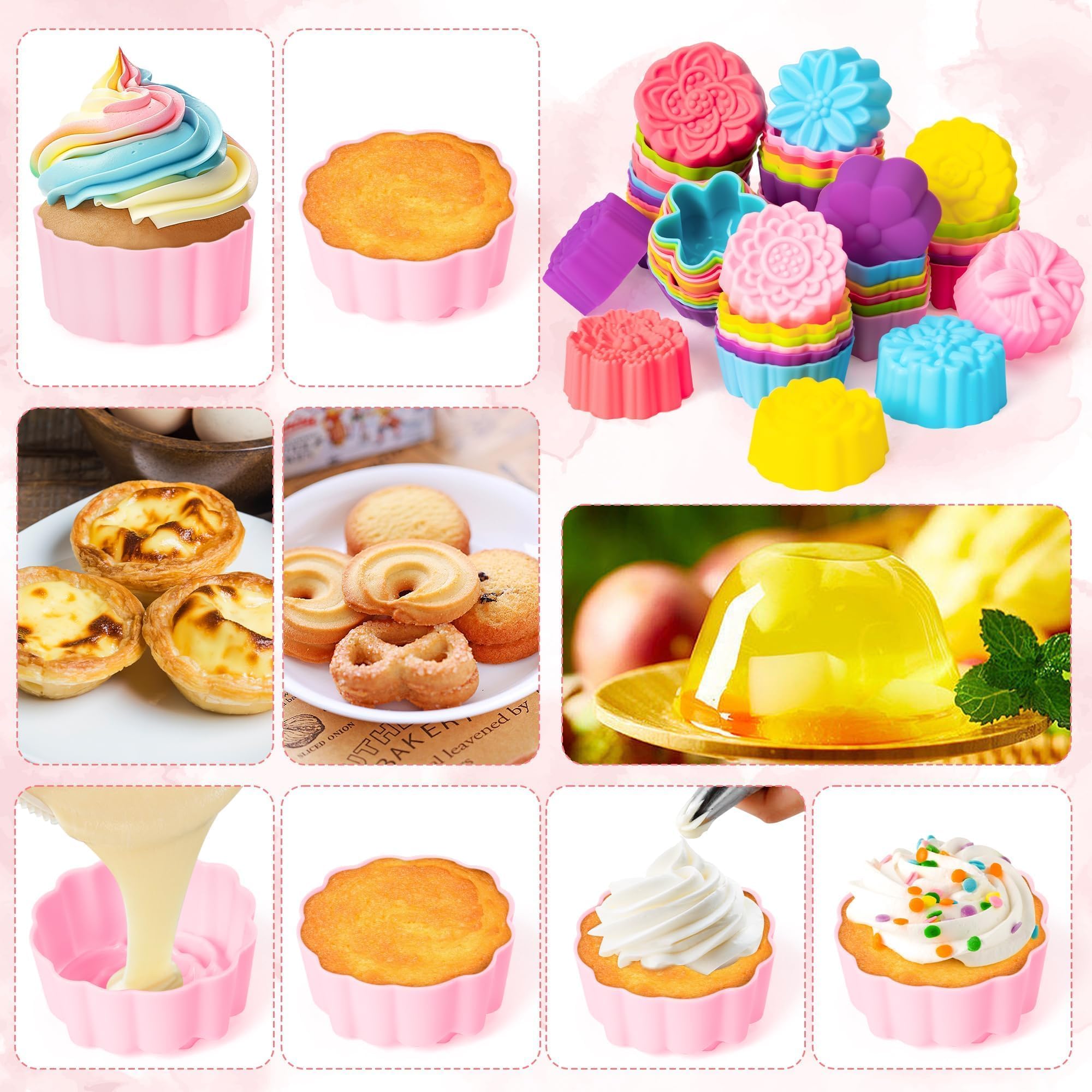 R HORSE Cupcake-Förmchen aus Silikon, bunt, Blumenform, antihaftbeschichtet, wiederverwendbar, Muffinförmchen für Pfanne, Backofen, Mikrowelle, Geschirrspüler, 60 Stück