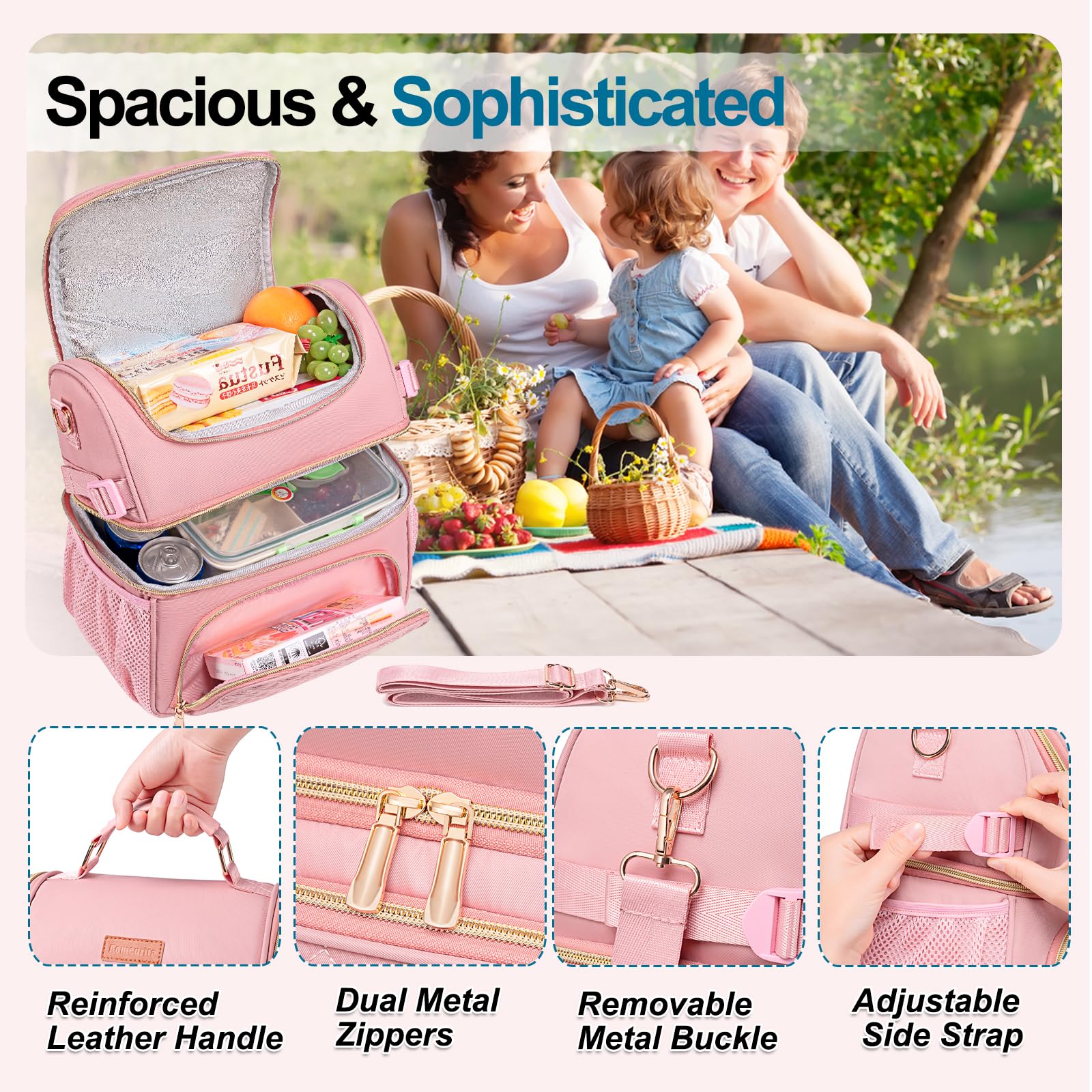 Lonchera para mujer, lonchera de doble compartimento para el trabajo, lonchera a prueba de fugas, lonchera grande aislada para adultos, para mujeres y hombres, bolsa de almuerzo para picnic