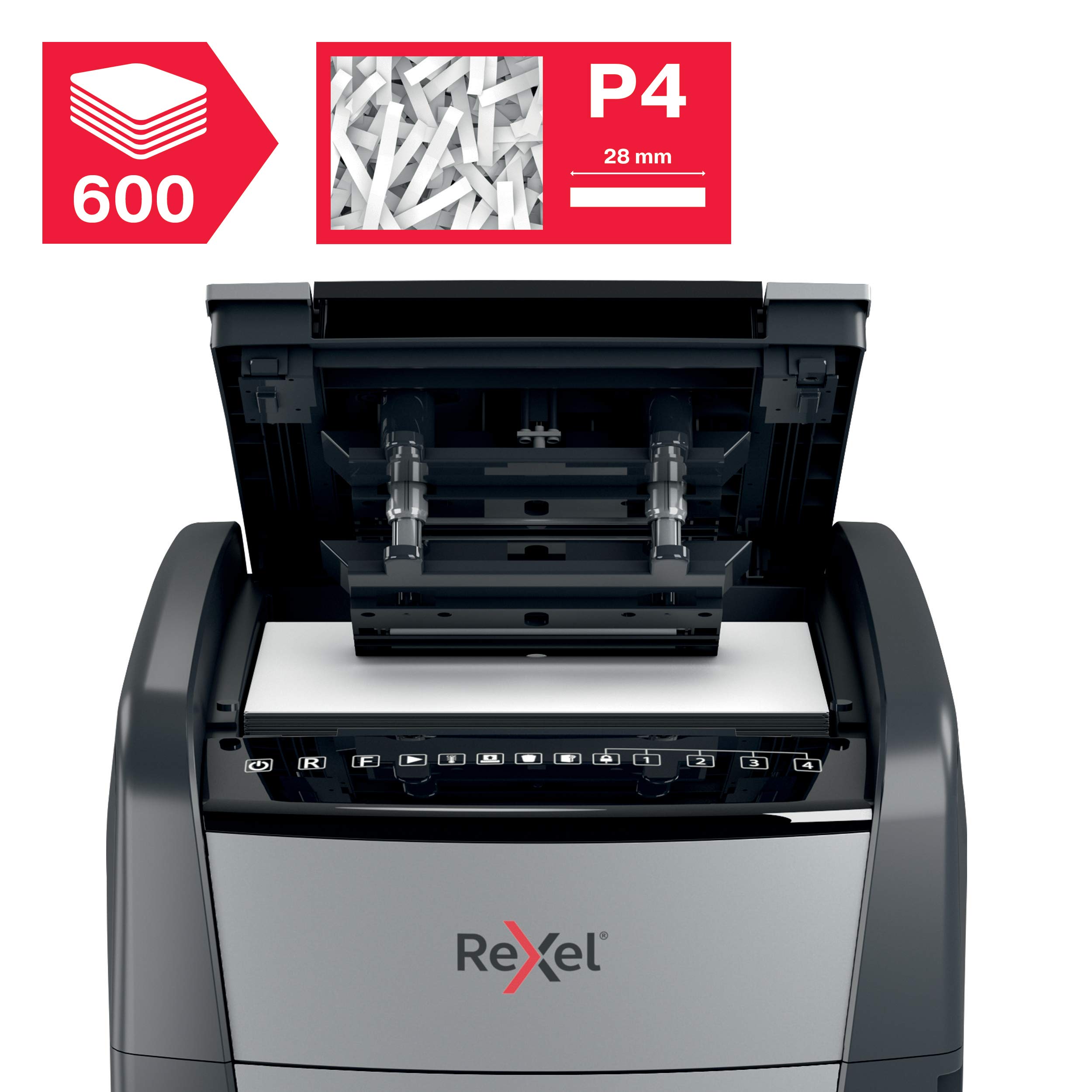 REXEL Optimum Auto Feed+ 600X, Distruggidocumenti Automatico, 600-660 Fogli (80-70 gr/mq), Taglio a Frammento, Livello di Sicurezza P-4, per i Grandi Uffici, Capacità 110 Litri, con Ruote, 2020600XEU