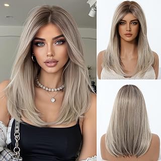 Ombre Ash Blonde Wigs for Women Medium Length Long Straight Wig with Curtain Bangs Synthetic Hair Heat Resistant Wigs for Everyday Party Cosplay Wear