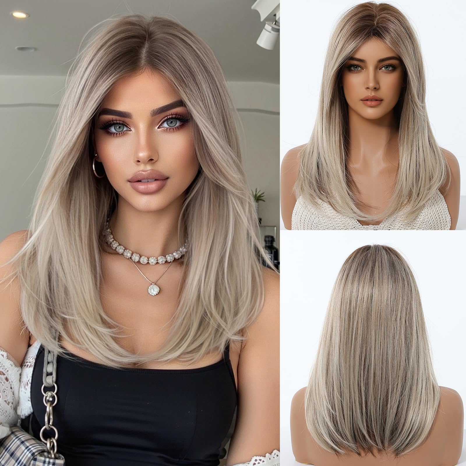 OUFEI Ombre Ash Blonde Wigs for Women Medium Length Long Straight Wig with Curtain Bangs Synthetic Hair Heat Resistant Wigs for Everyday Party Cosplay Wear