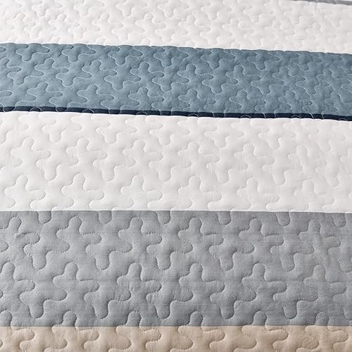 Miniatura 9 de Dinjoy Juego de edredón bohemio tamaño King, colcha de rayas color caqui, juego de ropa de cama ligera de 3 piezas, funda de cama reversible de