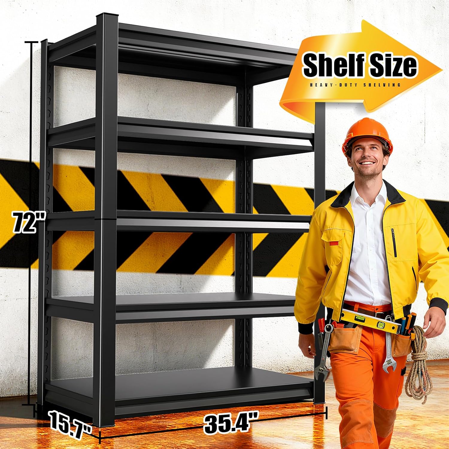 5-Tier 72”H Garage Shelving, Adjustable Garage Shelves, Heavy Duty Storage Shelves, Garage Shelf for Tool Organization, Storage Shelves for Basement, Warehouse, Black (72''H×35.4''W×16''D)