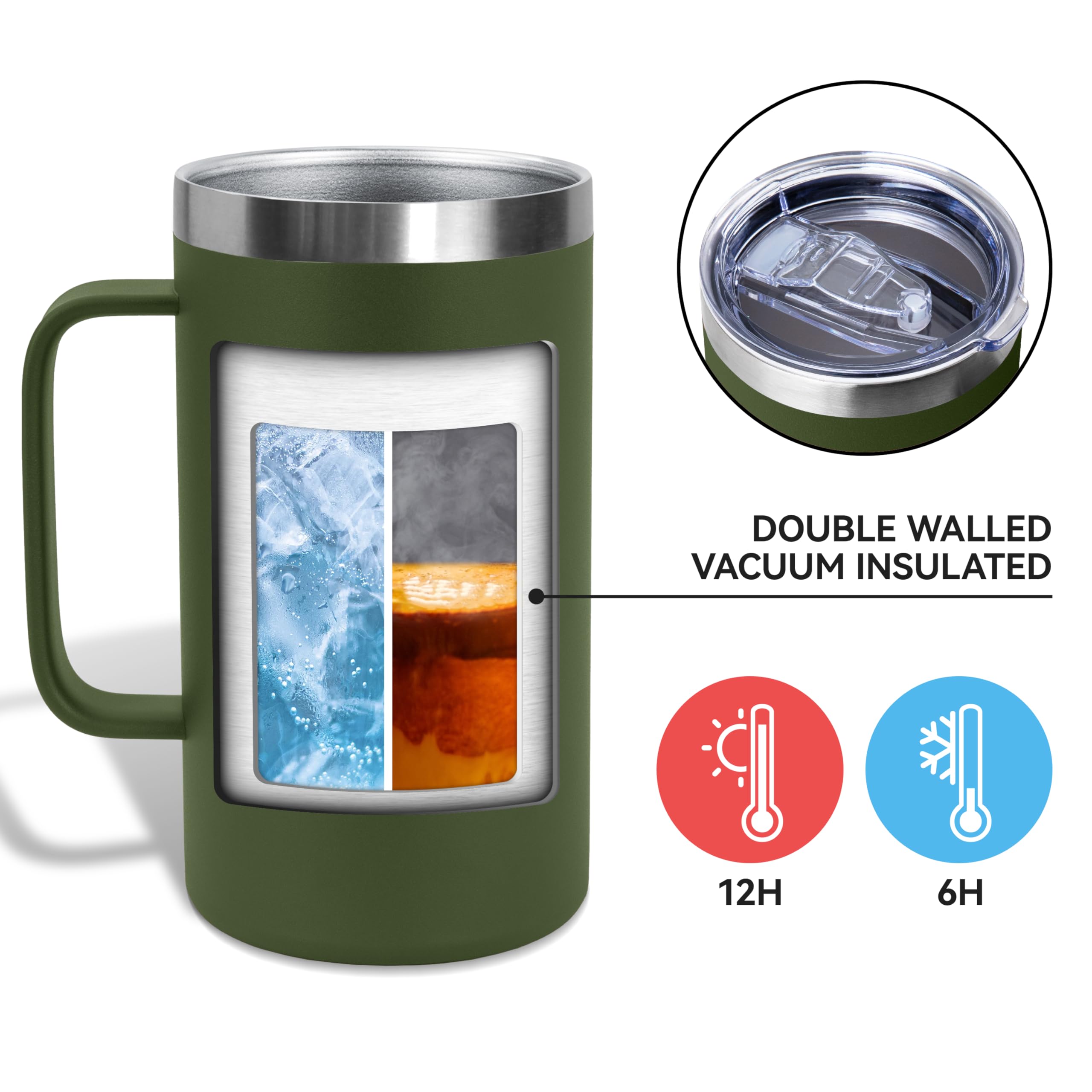 DOMICARE Taza de café de acero inoxidable de 24 onzas con asa y tapa, taza de viaje con asa, vaso de café al vacío de doble pared, taza aislada reutilizable, verde militar, paquete de 4