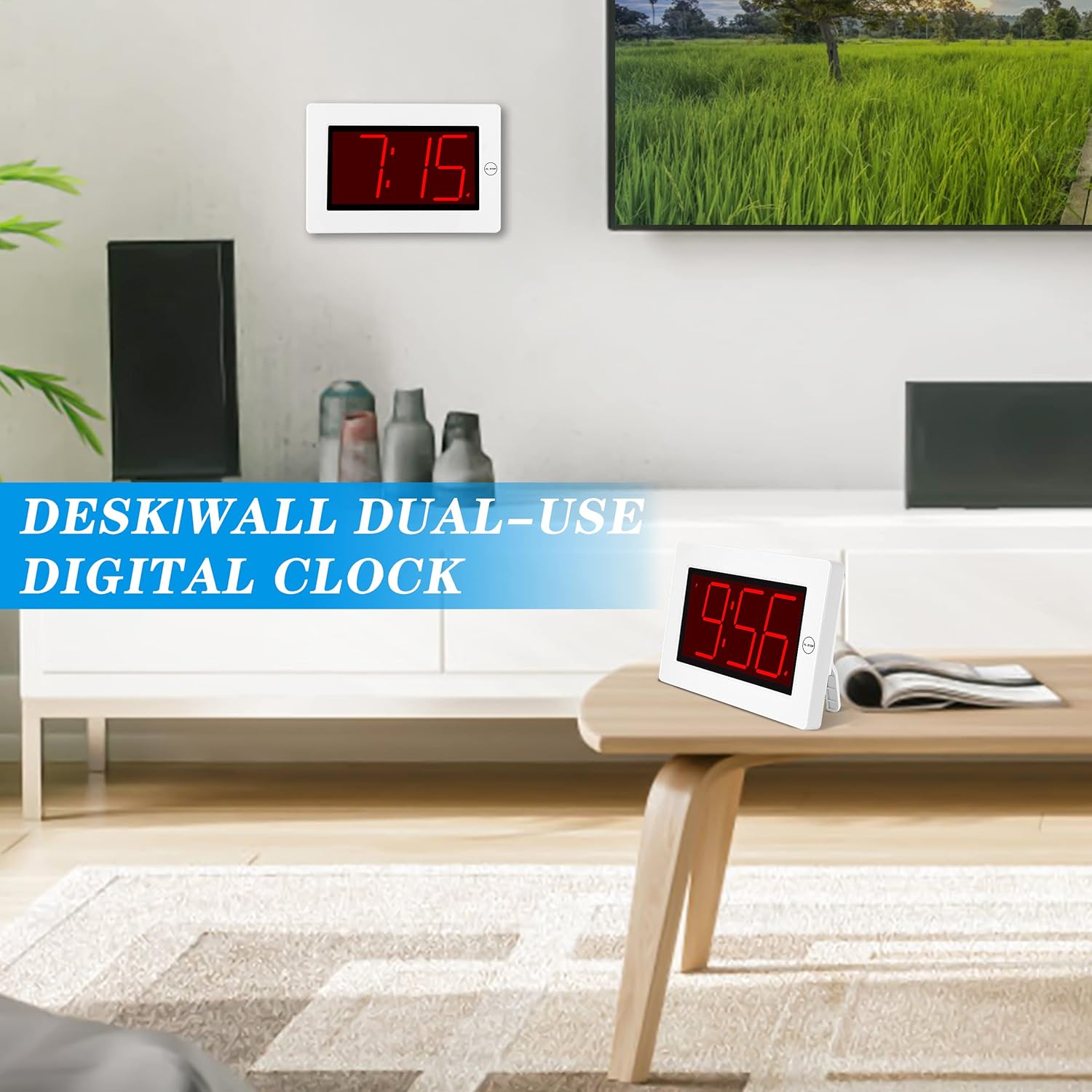 KWANWA Digital Alarm Clock showing both table-top and wall-mounted options